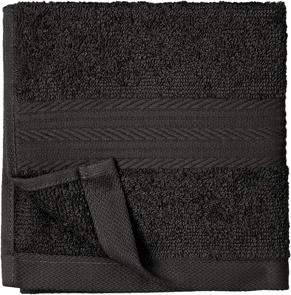 Amazon Basics Cotton Washcloths for Face, Soft, Absorbent, 12-Pack, Black, 12 Inch x 12 Inch