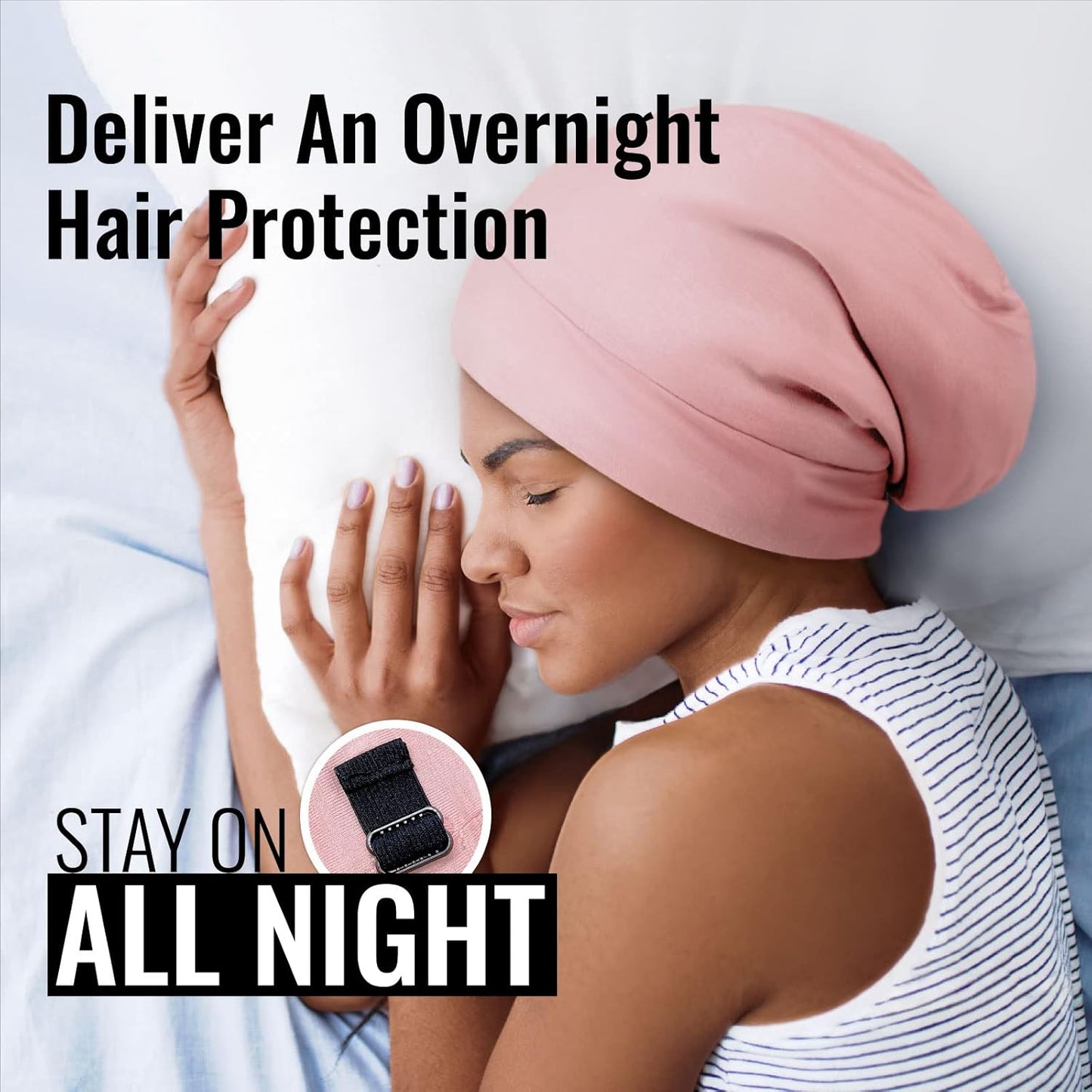 PARISBELLA Satin Sleep Cap Bonnet for Women, Stay On All Night Hair Wrap with Adjustable Strap for Curly Hair, Pink, Pack of 1