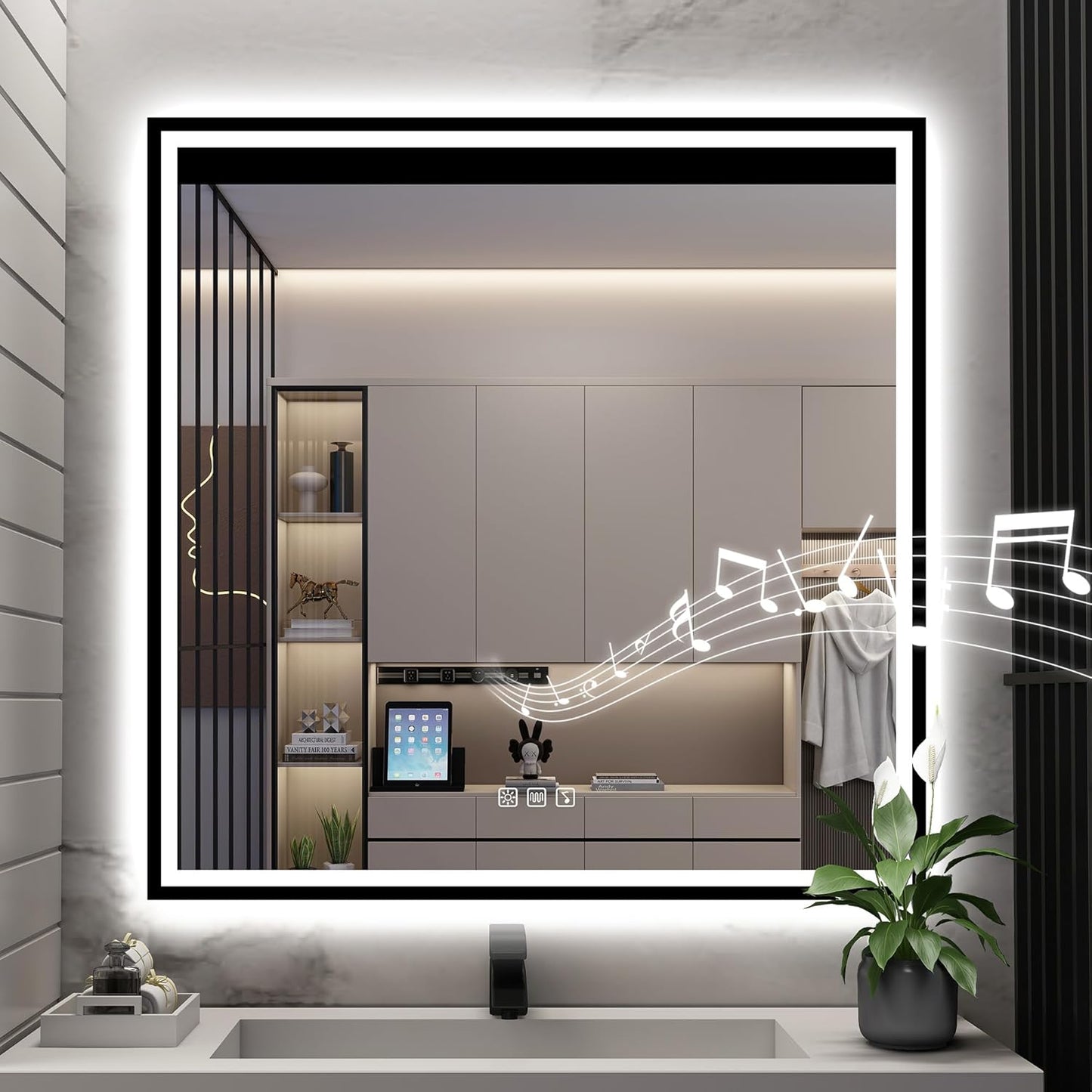 S·BAGNO 36''x36'' LED Bathroom Mirror with Lights, Bathroom Vanity Wall Mirror with Buletooth, Anti-Fog, Stepless Dimmable, 3 Colors, Tempered Glass Lighted Vanity Mirror for Bathroom