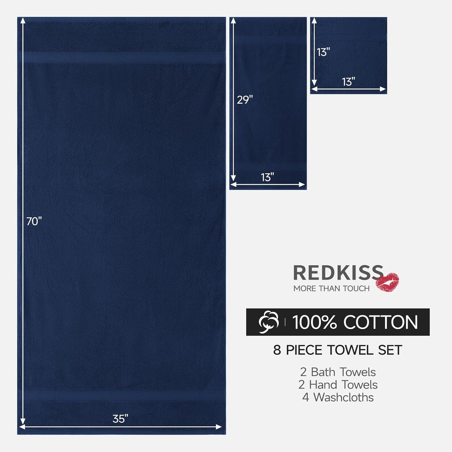 REDKISS Luxury 100% Cotton 8 Piece Bath Towel Sets, 2 Bath Sheets (35x70 in), 2 Hand, 4 Washcloths, Super Absorbent & Quick-Dry Shower Towel for Bathroom Spa Gym Hotel Yoga - Blue
