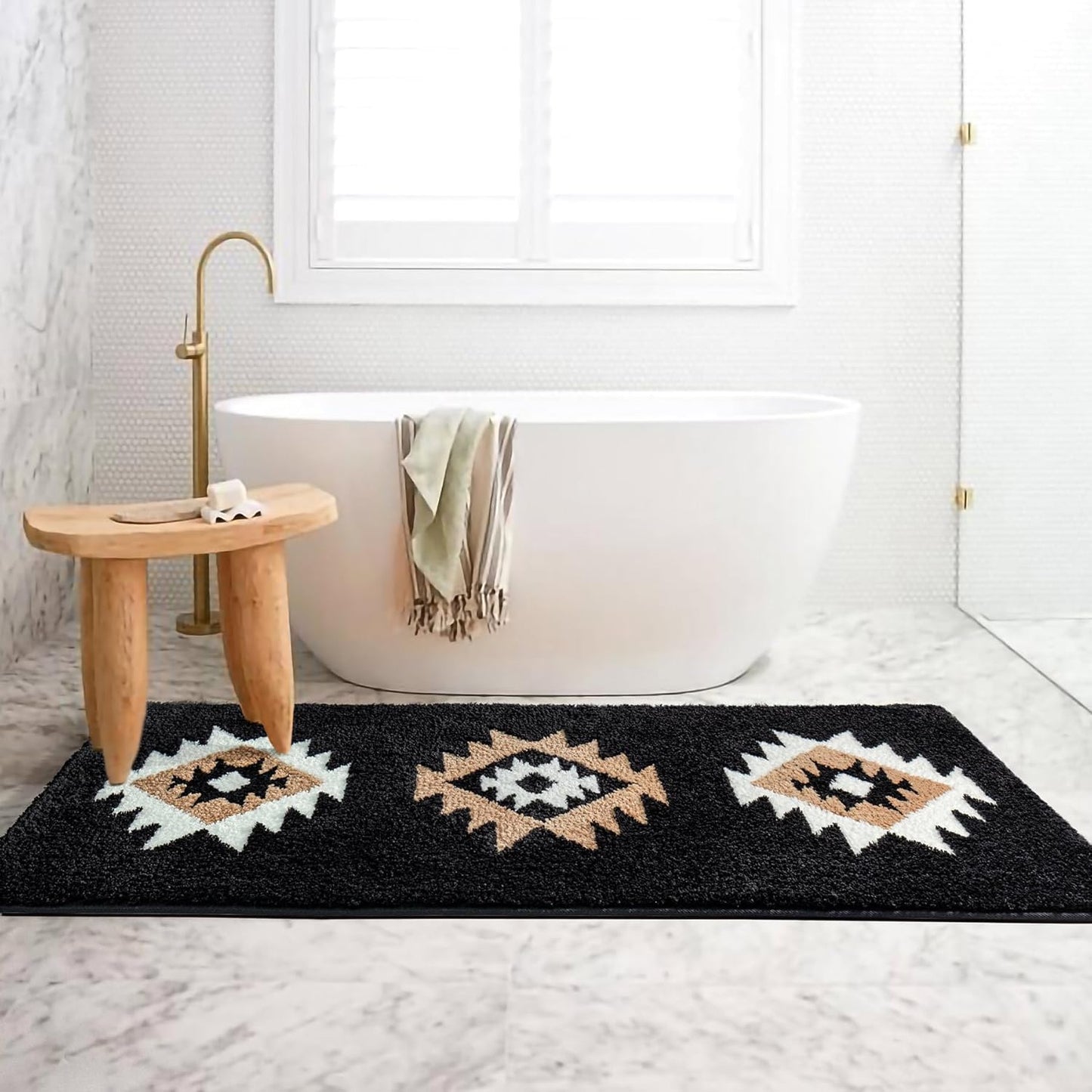 DEXDE Bathroom Runner Rug 24x60 Inch, Boho Long Bath Mat Rug for Bathroom Bedroom Hallway Kitchen Luxury Soft Absorbent Large Modern Geometric Carpet Western Farmhouse Carpet, Black
