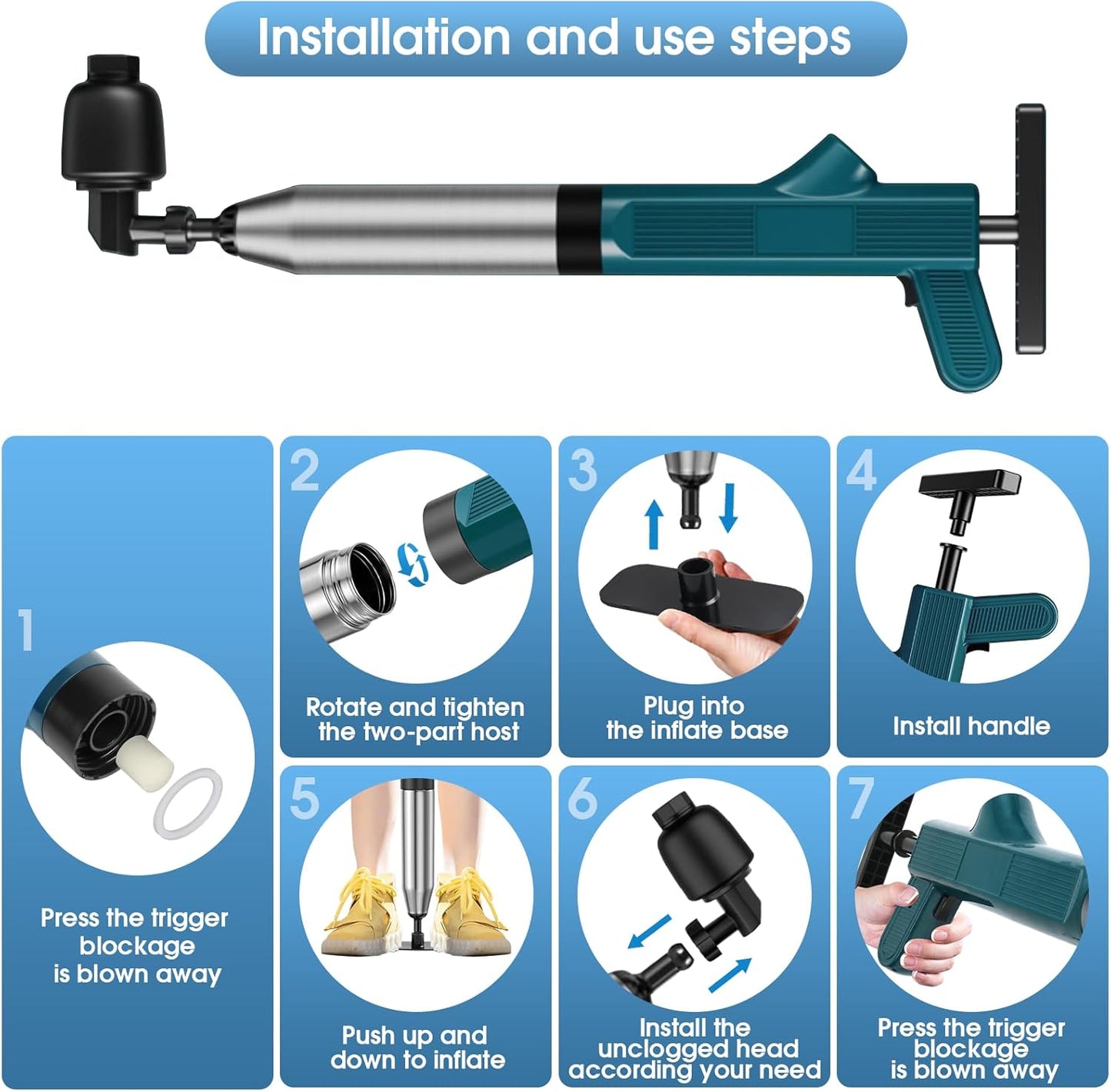 TheElves Toilet Plunger Heavy Duty Pro, Electric High Pressure Toilet Clog Remover Tool, Powerful Bathroom Plunger with Holder for Drain Cleaning - Blue