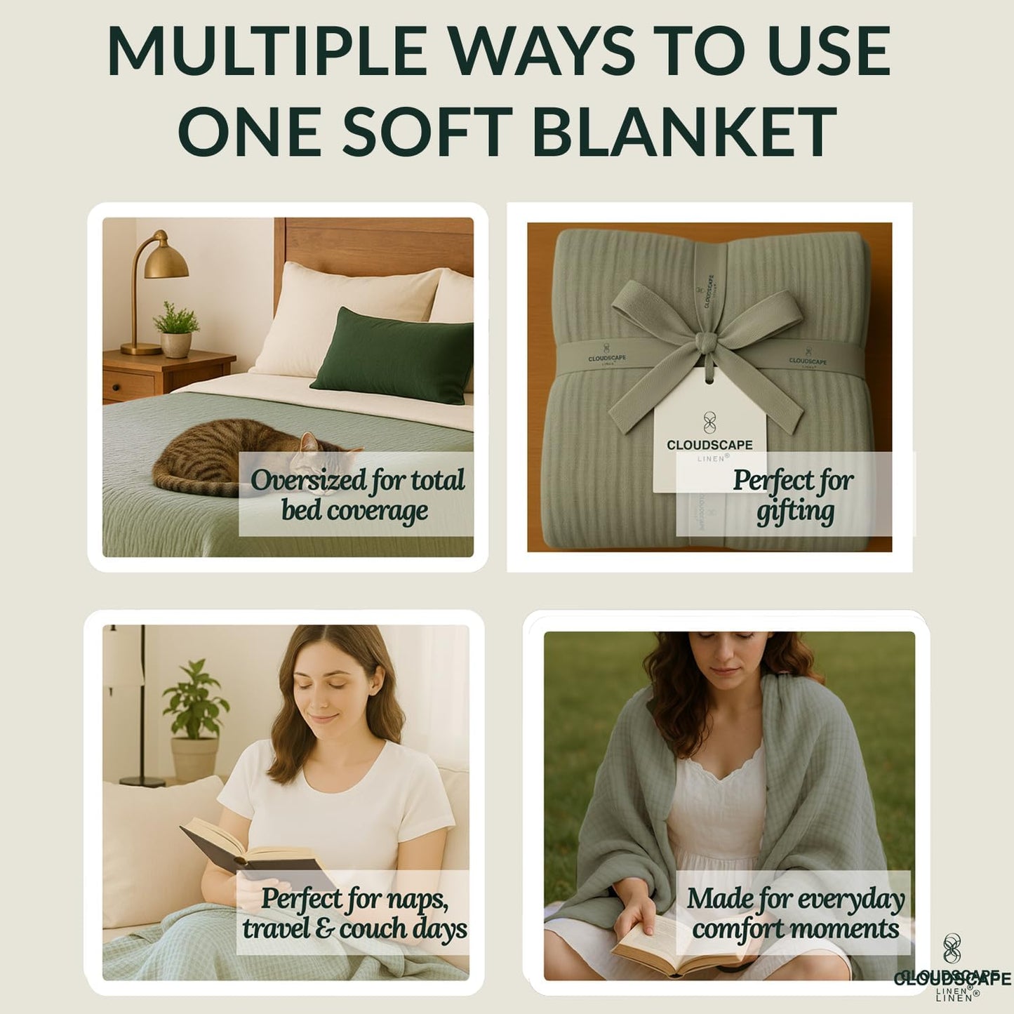 Cloud Scape Linen 8-Layer Muslin Blanket Queen Size - 100% Cotton, Soft and Breathable, Oversized Winter Blanket, Fits up to Full Size Bed, 92x92, Sage Green