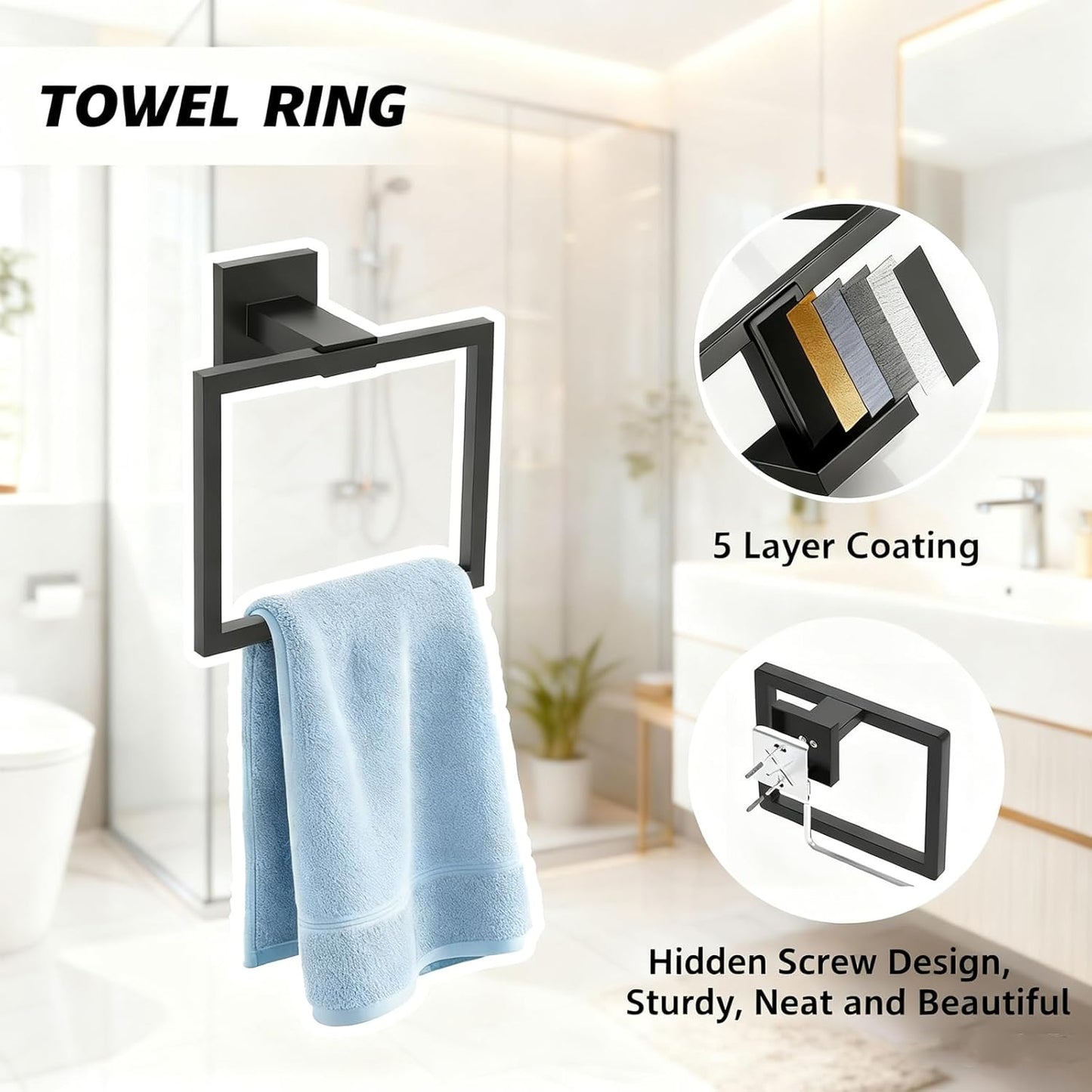 20-Piece Matte Black Bathroom Accessories Set, 16-in Bathroom Towel Rack Set, 304 Stainless Steel Bathroom Hardware Set, Robe Towel Hooks, Toilet Paper Holder Wall Mounted (20 Pcs)