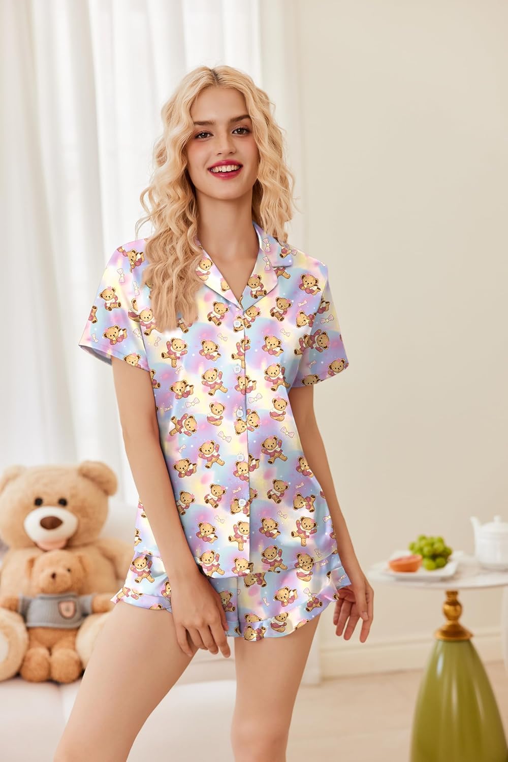 Ekouaer Womens Satin Pajamas Set Button Down 2 Piece Silk Pjs Shorts Set Ruffle Lingerie Notch Collar Sleepwear