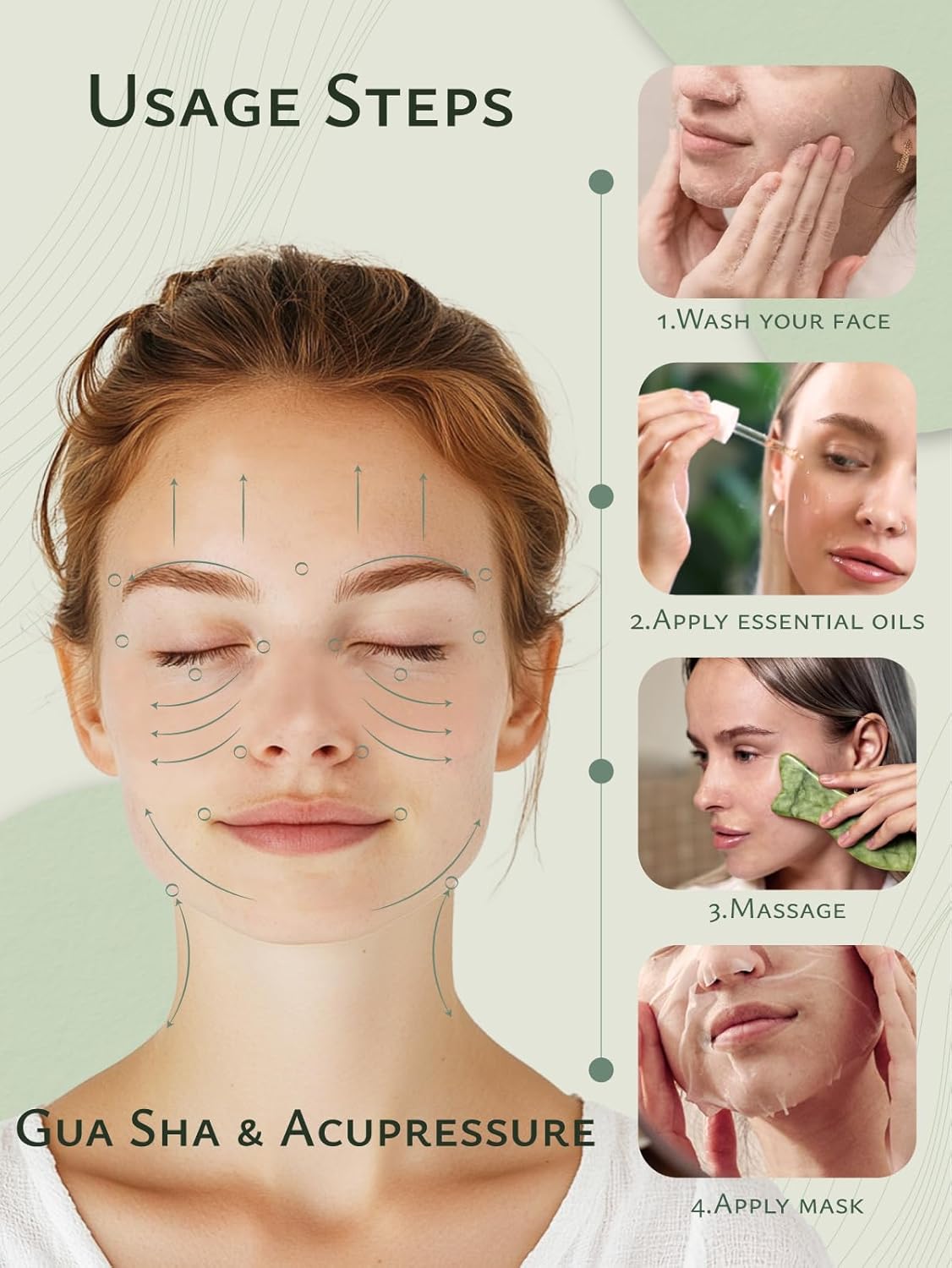 Rena Chris Natural Jade Gua Sha Facial Tools - Acupressure & Gua Sha for Face Massage, Jawline Sculpting, Puffiness Reduction, Skin Care Tool (Green)