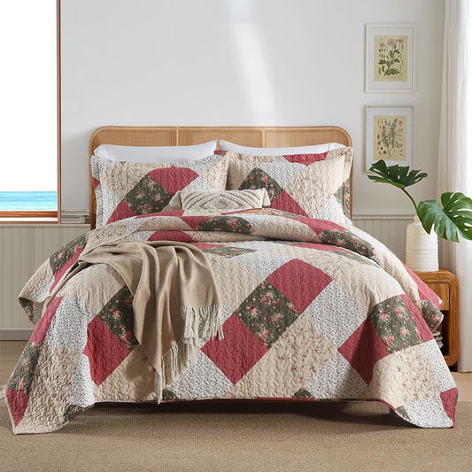 ENASAL Cotton Bedspread Quilt Bedding Sets Reversible Coverlet Sets Comforters Rose Floral Purple White Patchwork Pattern Bedspread for All Season, King Size