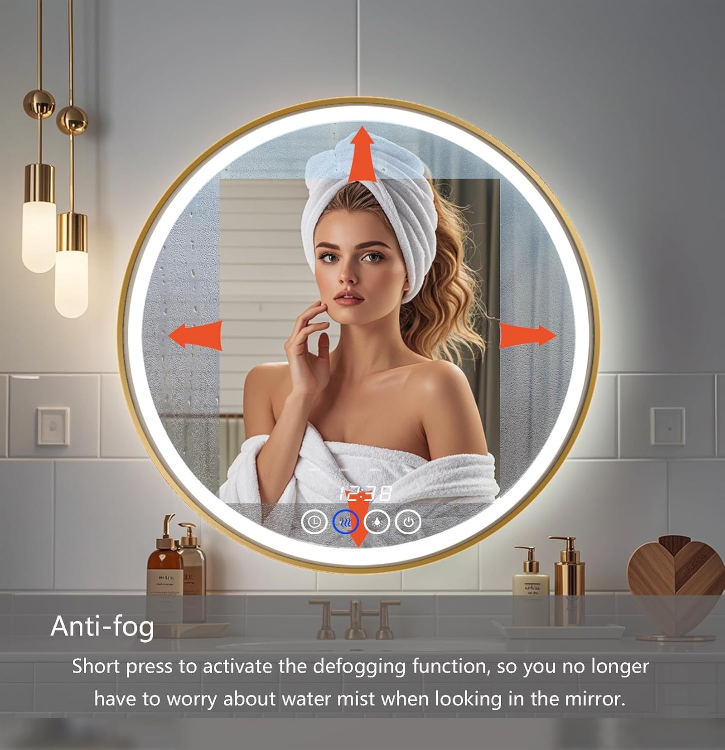 32 Inch Wall-Mounted Round Bathroom Mirror with LED-Lights - Frame Vanity Mirrors with Dimmable (32" x 32", Gold)