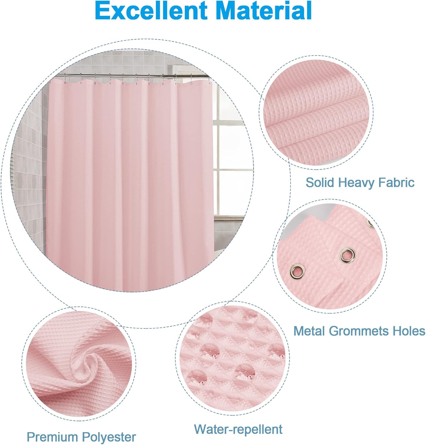 AmazerBath Waffle Shower Curtain, Blush Pink Fabric Long With Waffle Weave, Heavy Duty Hotel Quality for Bathroom, 72 x 78 Inches