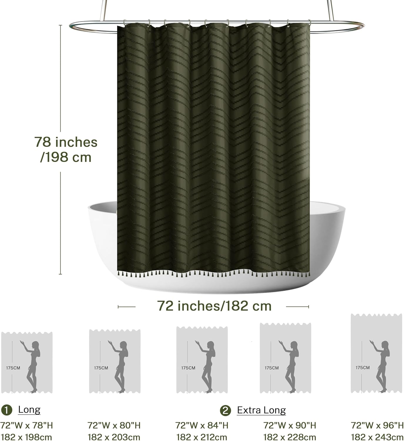 Boho Extra Long Olive Green Shower Curtain with Tassel, Woven Fabric, Tufted Chevron Striped, 72 x 78, Modern Chic Textured Minimalist