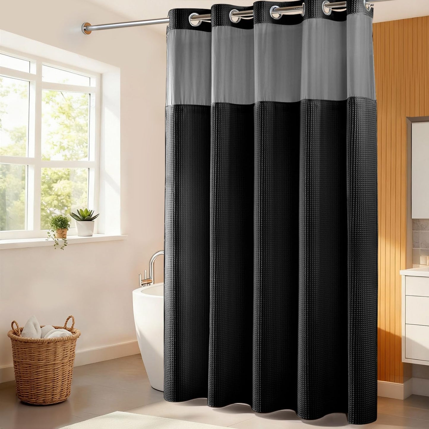 River Dream Black Fabric Shower Curtain Set, Cotton Blend, Waffle Weave, with Snap in Replacement Liner，71 x 86 inches