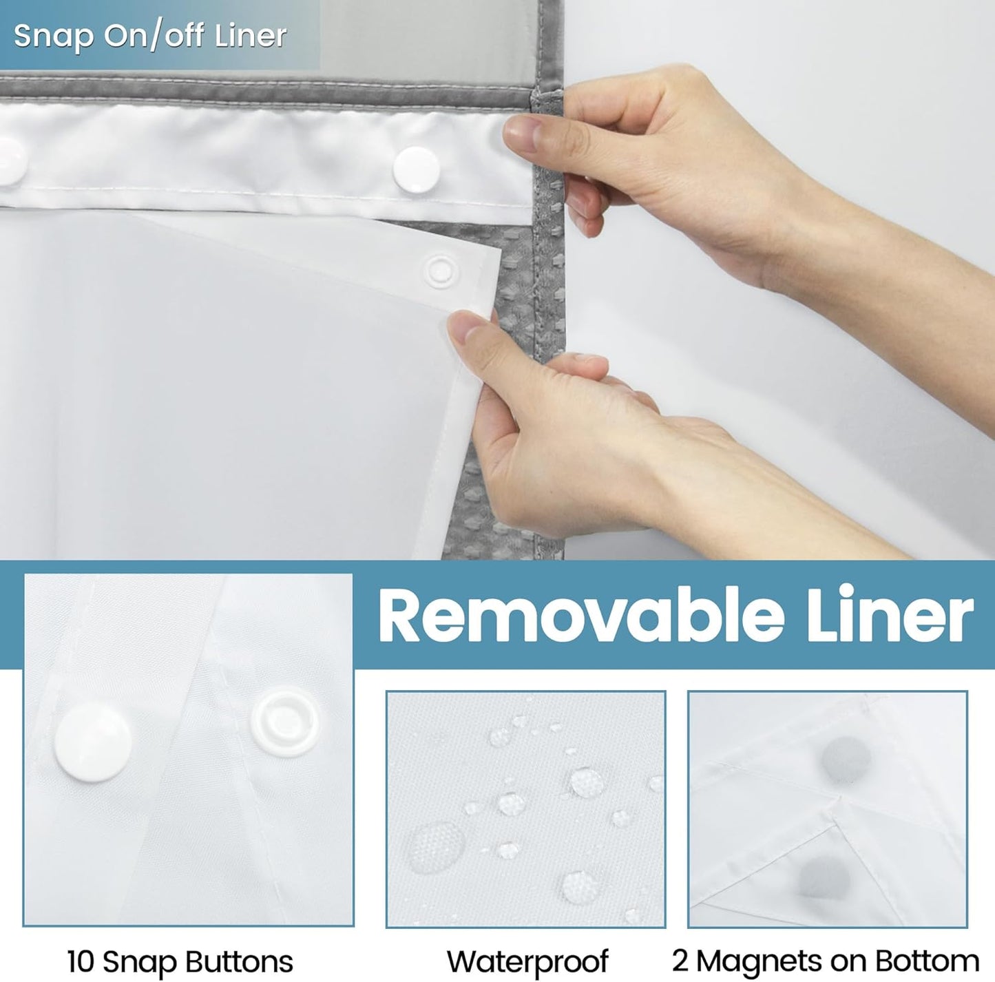 Grey Stall Shower Curtain and Liner Set - 230GSM Waffle Weave Textured Heavy Duty,Hotel Luxury Weighted Bath Curtain,54W x 80H