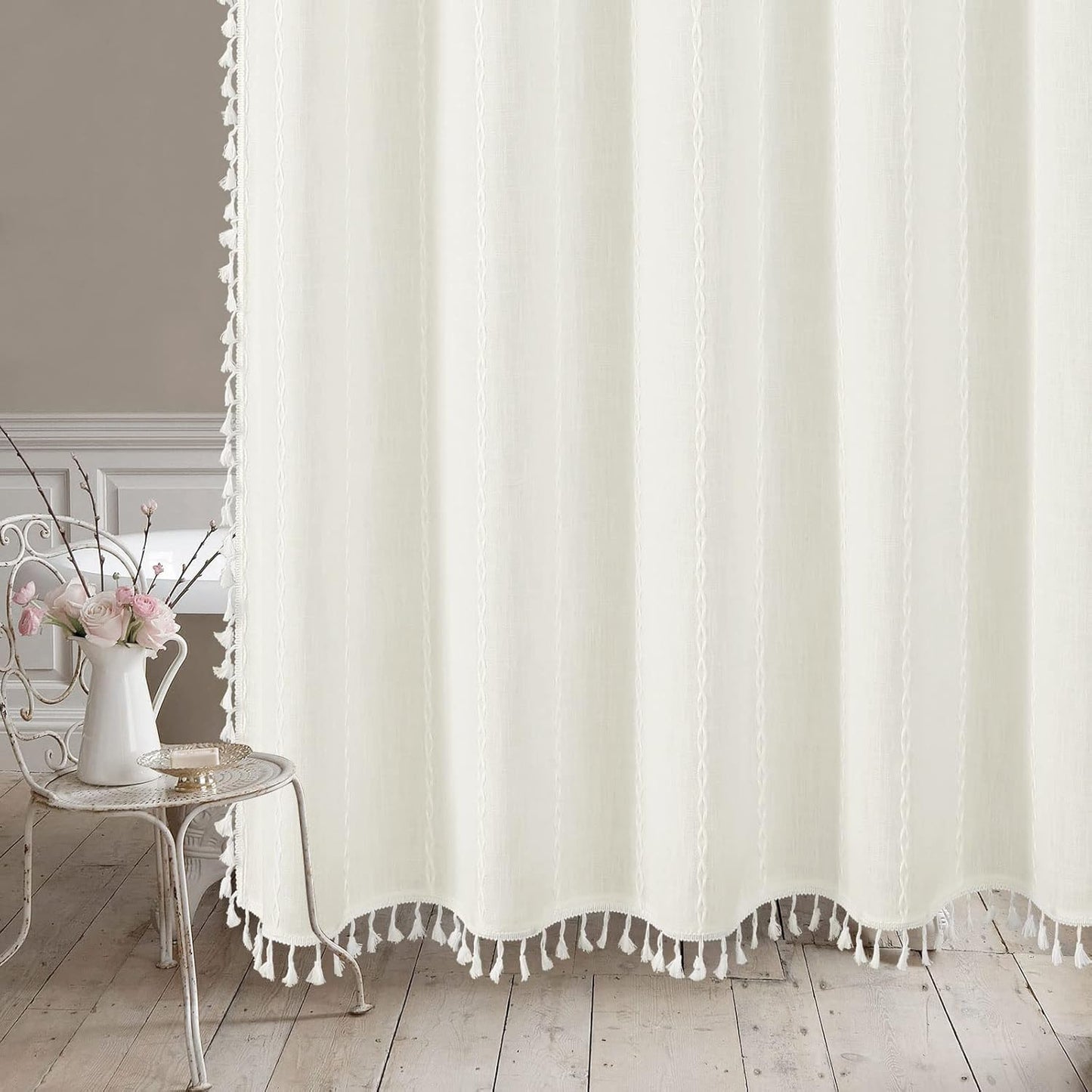 MitoVilla Boho Extra Long Shower Curtain 72 x 96,Ivory Modern Farmhouse 96 inch XL Polyester Linen Texture Tassel Fabric Shower Curtain Set with Hooks for Cottagecore Country Bathroom Decor,Ivory