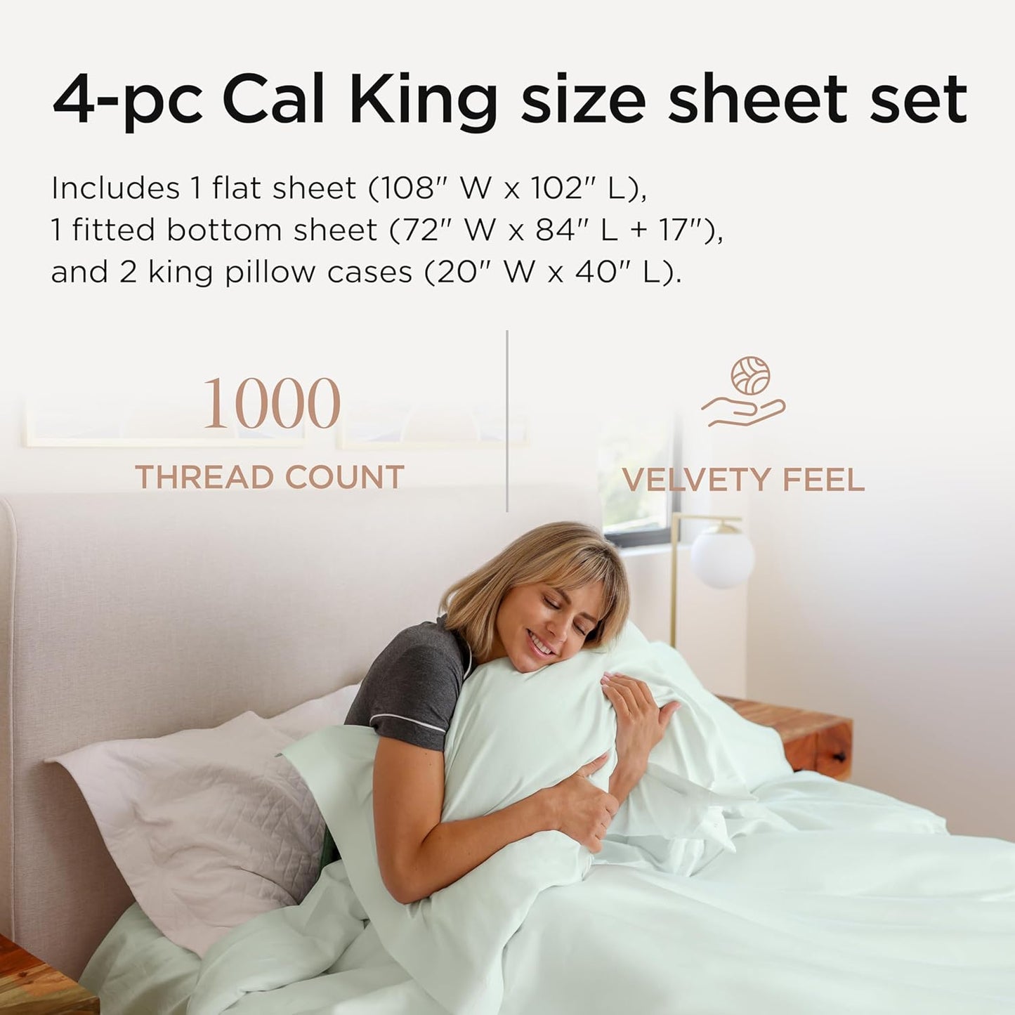 Threadmill California King Sheets, Certified American Supima Cotton Sheets, 1000 Thread Count Hotel Quality, 4 Piece Luxury Bed Sheets Set with Elasticized Extra Deep Pocket, Seaglass