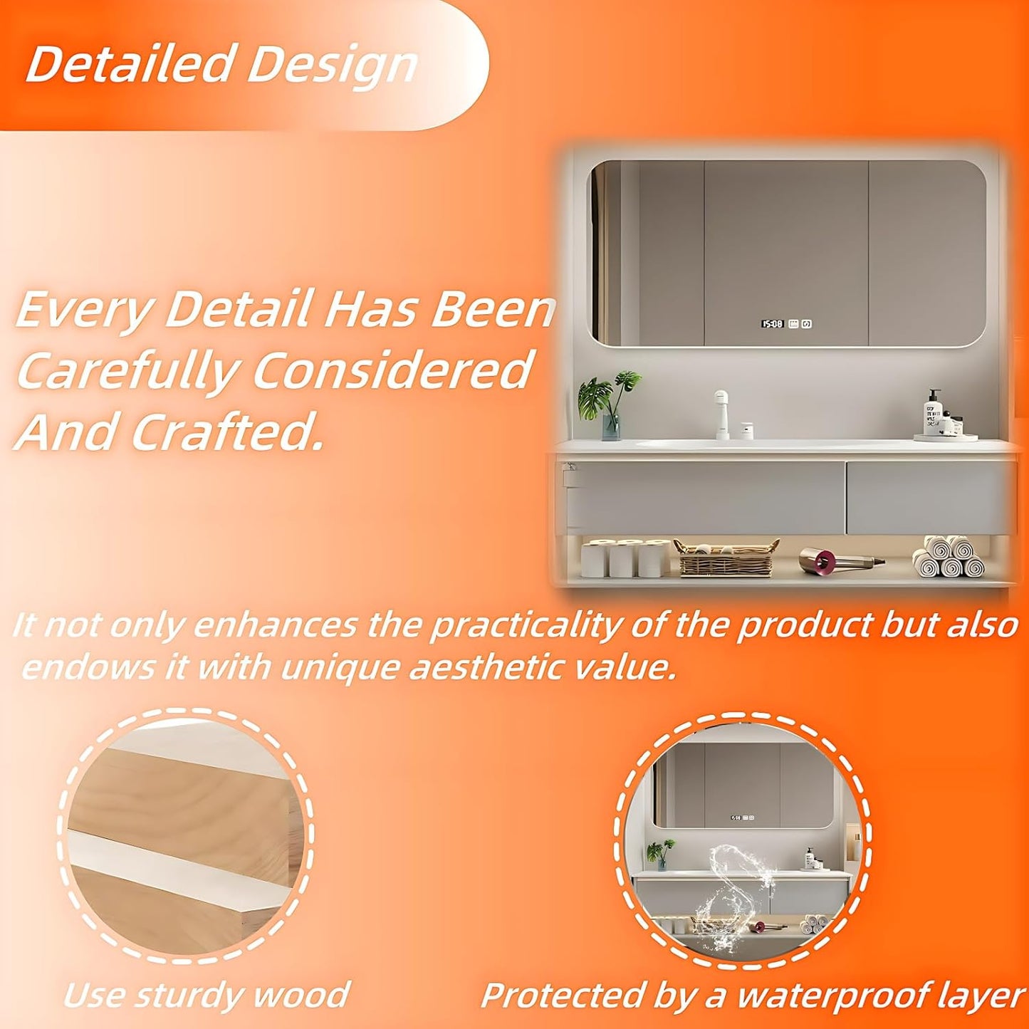 52IN Grey Bathroom Vanity Set - Floating Bathroom Vanity with Single Sink | Including LED Smart Defogging Mirror Cabinet & Time Display Function, Equipped with Motion Sensing Light Strip (Style A)