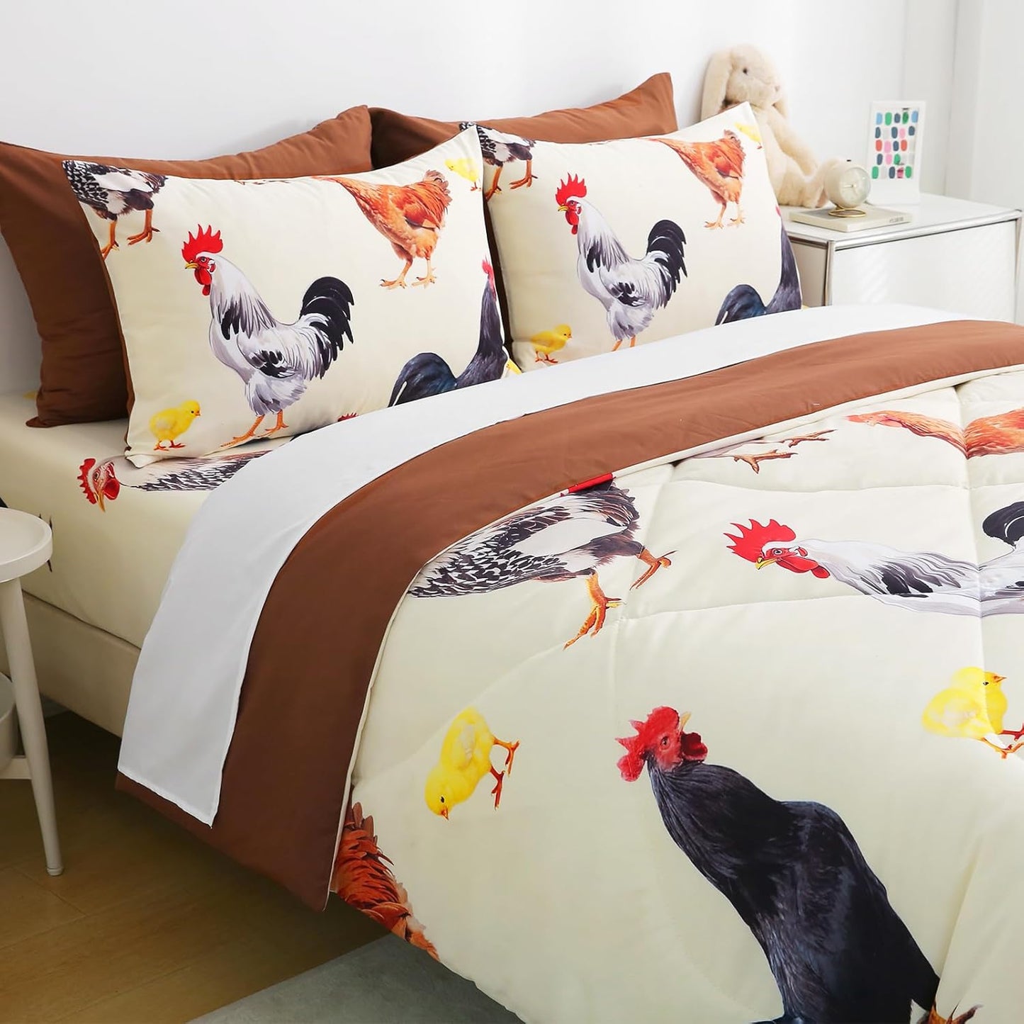Wajade Chicken Comforter Set 7 Pcs Animal Theme Bedding Set Queen Size for Kids Adults Chicken Quilt Farm Theme Printed Pattern for Thanksgiving Birthday