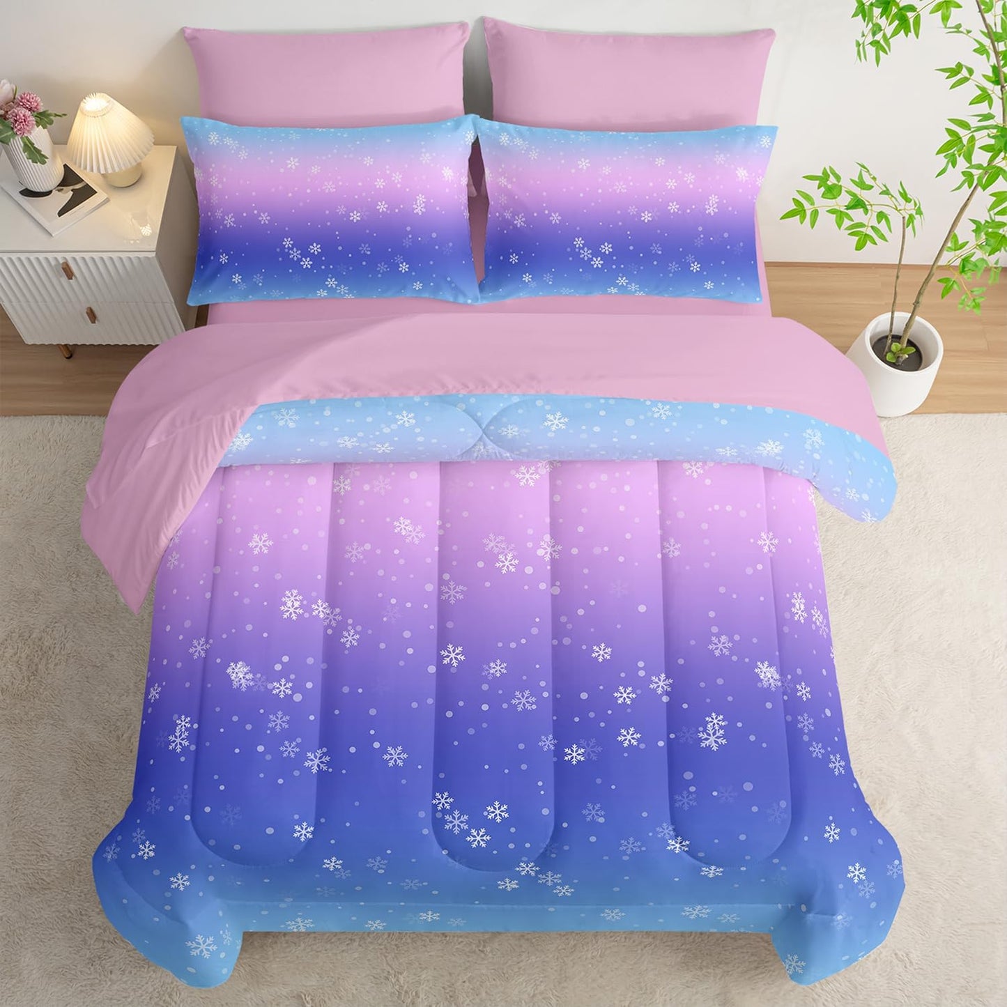 7 Piece Bed in a Bag Queen Size Comforter, Blue Purple Snowflake Quilt Set, Soft Pink Sheets, All Season Bedding Set, Microfiber