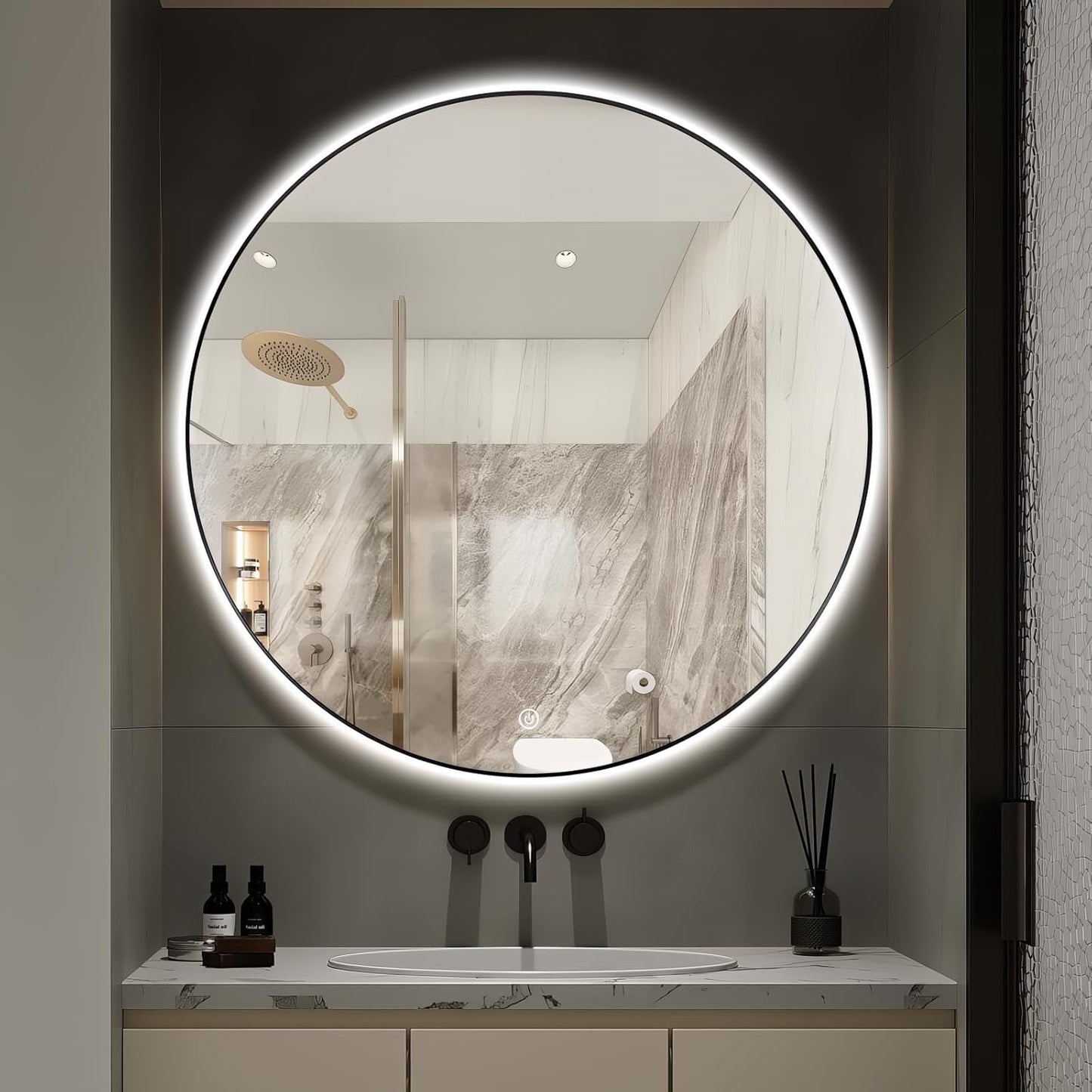 Niccy 44" LED Backlit Round Mirror for Bathroom, Black Framed Vanity Light Wall Mirror LED Smart Circle Mirrors with 3 Lighting Colors, Dimmable Lighted Mirror with Anti-Fog, IP65 Waterproof