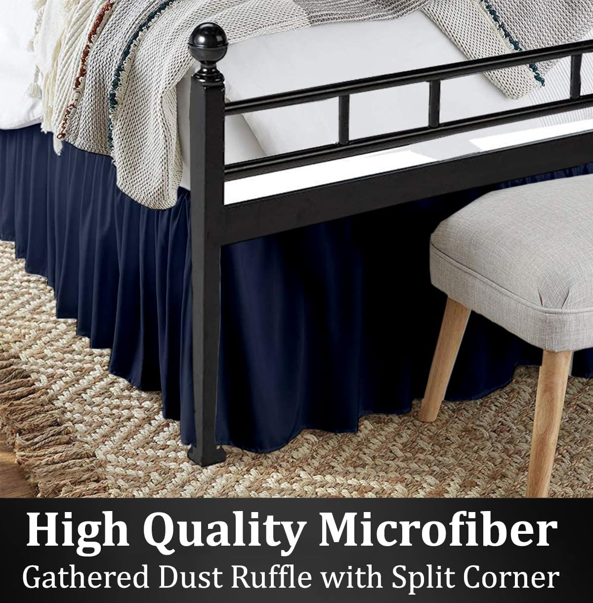 Ruffled Bed Skirt with Split Corners, Navy Blue, Full 16 Inch Drop Bedskirt, Hotel Quality Brushed Microfiber Wrinkle Free Dust Ruffle Bed Skirt Full Size
