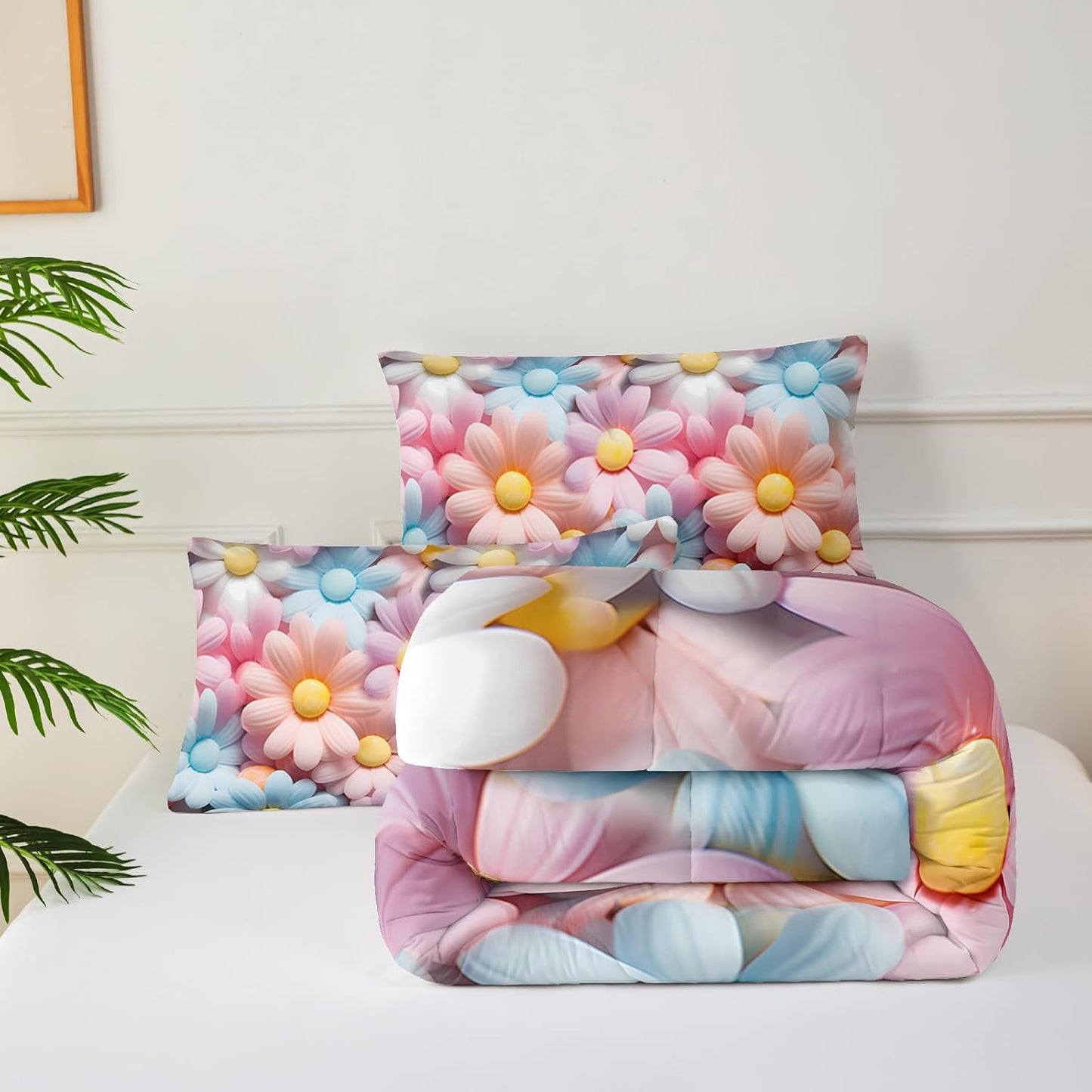Pink and Blue Floral Comforter Set King，King Size Quilt Bedding Set Pink Floral，3-Piece Comforter Set with 1 Comforter with 2 Pillow Case