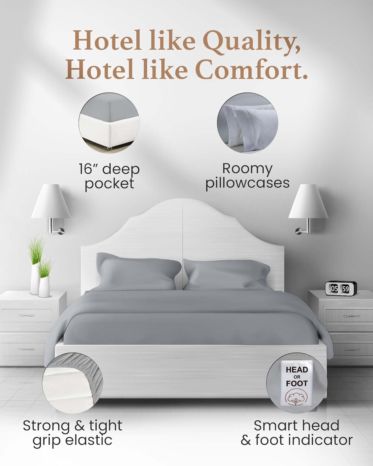 Good Sleep Egyptian Cotton Luxury Sheets Set, Queen Size, 16" Deep Pocket Hotel Style, Light Gray