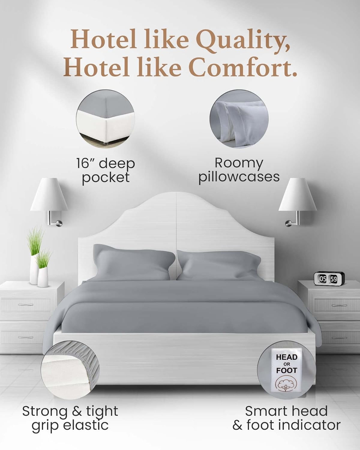 Good Sleep Bedding Twin Sheets - 100% Egyptian Cotton Twin Sheet Set, 4Pc, Sateen Weave, Hotel Quality Size Bed Set, Soft, 16" Deep Pocket Sheets - Light Grey Bedsheets