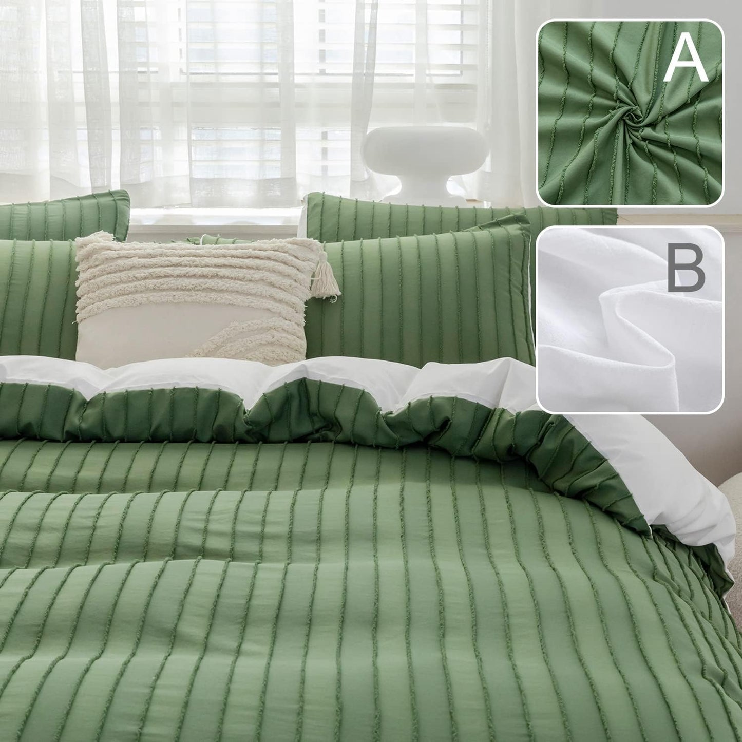 JELLYMONI Duvet Cover Queen Size Green and White - 3PCS Boho Striped Duvet Cover Set Polyester Tufted Bohemian Textured Comforter Cover with Corner Ties & Zipper Closure