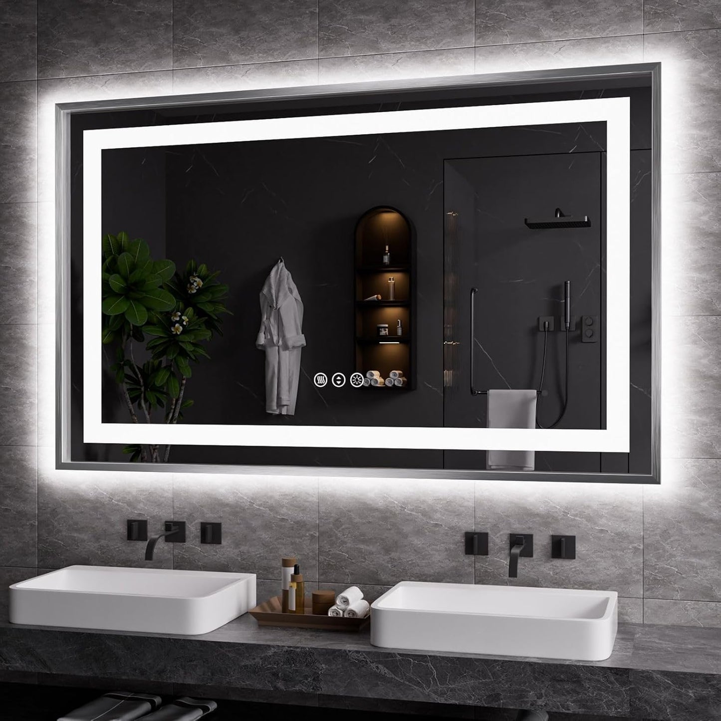 Amorho 48" X30" LED Bathroom Mirror, Brushed Nickel Framed Mirror with Front Light and Backlit, Stepless Dimmable, Anti-Fog, Shatter-Proof, Memory, 3 Colors