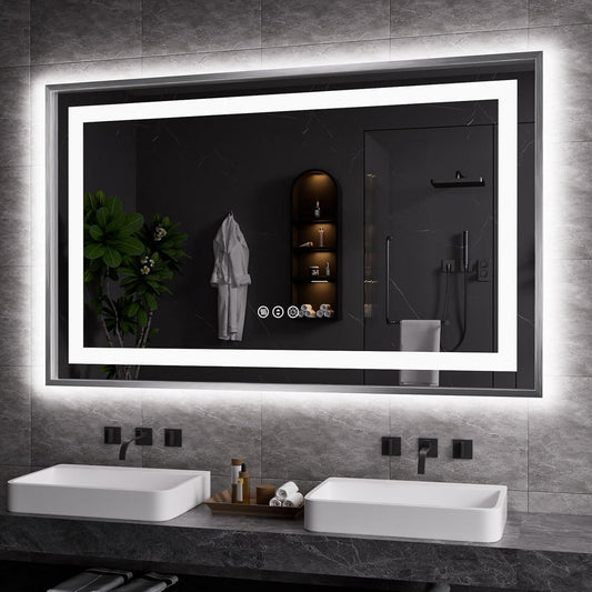 Amorho 48" X30" LED Bathroom Mirror, Brushed Nickel Framed Mirror with Front Light and Backlit, Stepless Dimmable, Anti-Fog, Shatter-Proof, Memory, 3 Colors