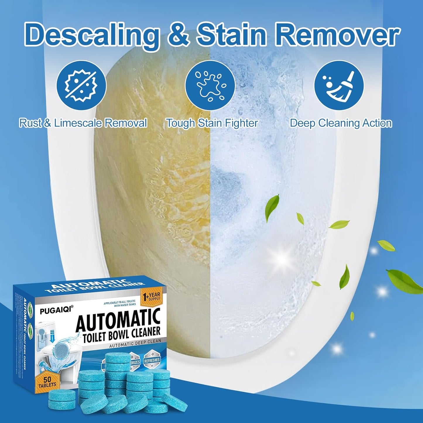 Toilet Bowl Cleaner Tablets Blue Toilet Tank Cleaners, Septic-Safe Hard Water Stain Remove, Effervescent Stain & Odor Remover Bathroom， Automatic Toilet Cleaning & Deodorizer 50 TabsIII