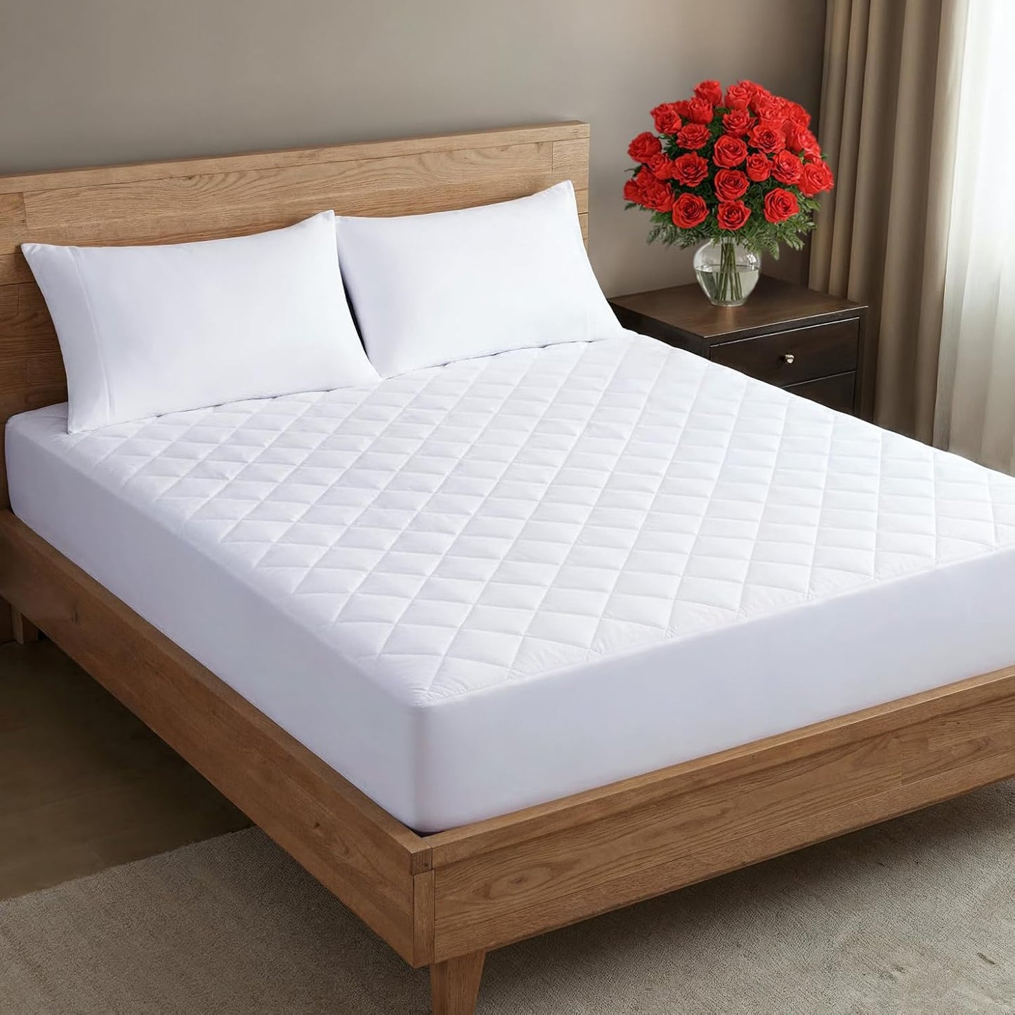 Quilted Fitted Mattress Pad King Size - Elastic Fitted Mattress Topper Protector & Cover - Breathable, Soft, Low Profile Top Cover with 8-16 Inch Deep Pockets - Easy-Fit and Machine Washable - White