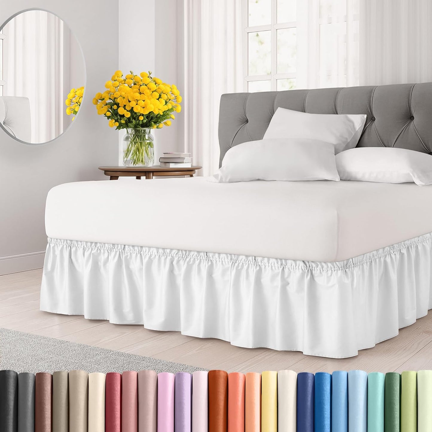 Wrap Around Dust Ruffle Bed Skirt - White - for Queen Size Beds w/ 16 Inch Drop - Easy Fit Elastic Strap - Adjustable Pleated Bedskirt w/Brushed Fabric, Wrinkle & Fade Free Women, Men, Kids & Teens