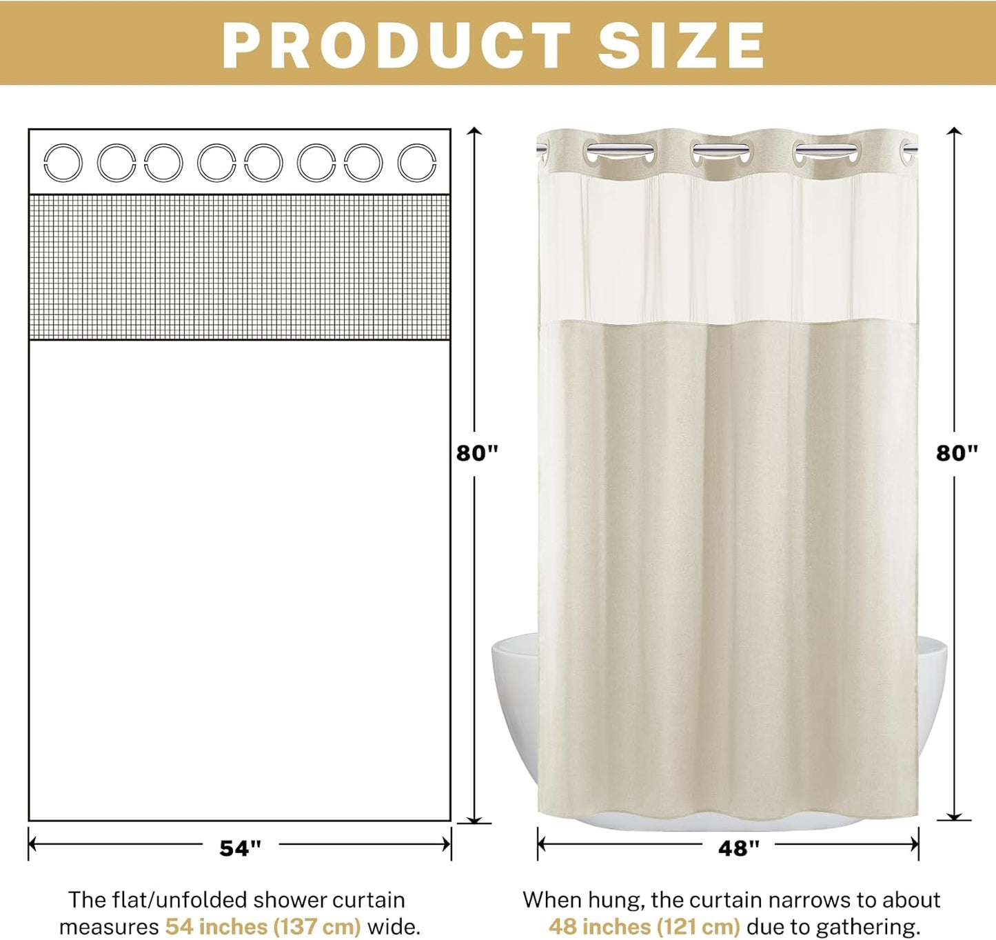 Small No Hooks Luxury Shower Curtain Set with Snap-in Liner, Polyester Textured with See-Through Top Window, Waterproof & Washable Hotel Style for Bathroom, 54W x 80H, Cream