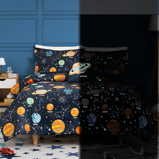 Glow in The Dark Kids Comforter Set Full Size for Boys Teen, Space Bedding Set 1 Comforter, 1 Decor Pillow, 2 Pillow Shams