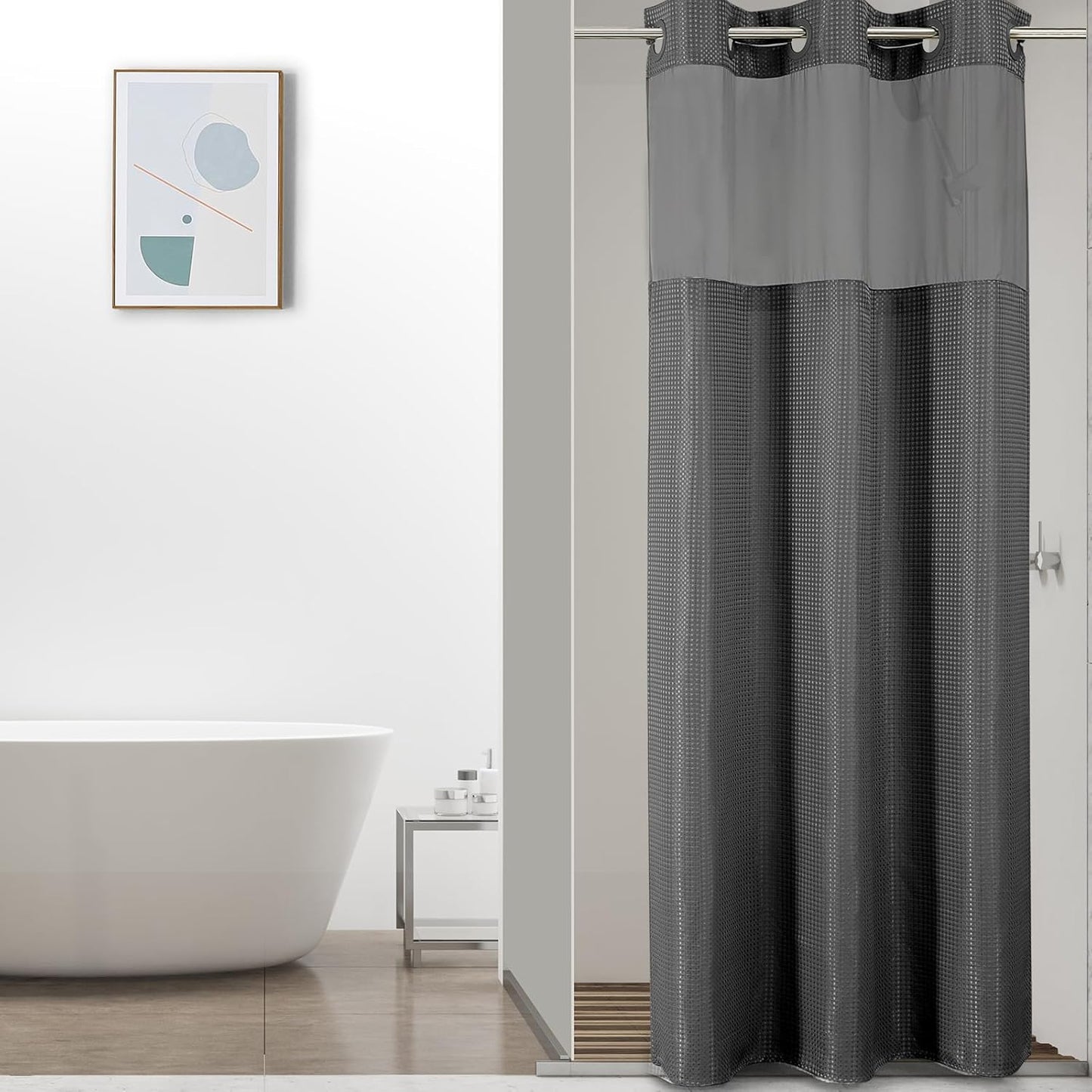 Colorful Star No Hook Waffle Shower Curtain with Snap in Fabric, Waterproof Shower Curtains with See Through Top Window, Small Stall Bathroom Curtain and Liner Set, 36'' x 75'', Charcoal Grey