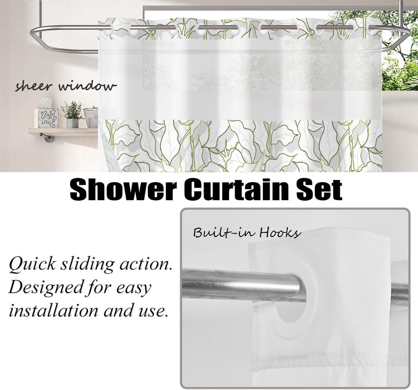 Leaves Shower Curtain No Hooks with Liner for Bathroom Decor,Green Leaves Line Shower Curtain with See Through Top Window,Modern Simple Art Hotel Style,Waterproof Washable,Easy to Install,71x74 Inch