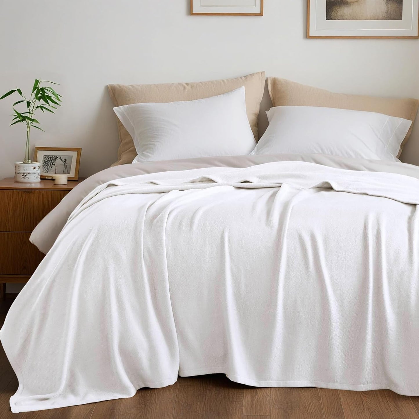 Twin Size Blanket, 70% Rayon (Derived from Bamboo) and 30% Cotton, Lightweight Jacquard Weave, Breathable and Soft Summer Blanket for Bed or Couch, 66” x 90”, White