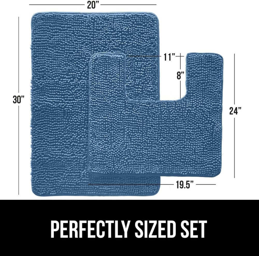 GORILLA GRIP Bathroom Rug Sets, Soft Chenille 2 Piece Area Rugs Set, Toilet Base Mat and 30x20 Carpet, Absorbent Microfiber Washable Mats Dry Quickly, Home Décor and Bath Room Accessories, Blue