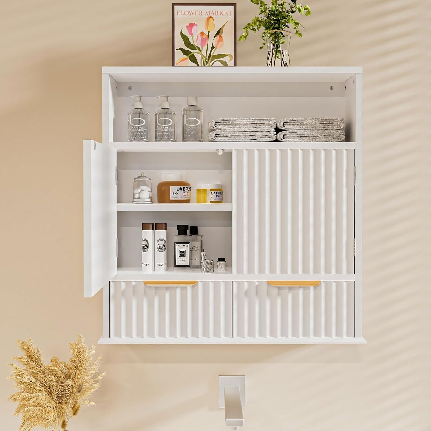 Bathroom Wall Cabinet, Wall Mounted Medicine Cabinet with Drawers, Modern Farmhouse Storage Cabinet with with Adjustable Wood Shelf & Doors for Bathroom, Kitchen, Laundry Room (White)