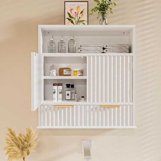 Bathroom Wall Cabinet, Wall Mounted Medicine Cabinet with Drawers, Modern Farmhouse Storage Cabinet with with Adjustable Wood Shelf & Doors for Bathroom, Kitchen, Laundry Room (White)