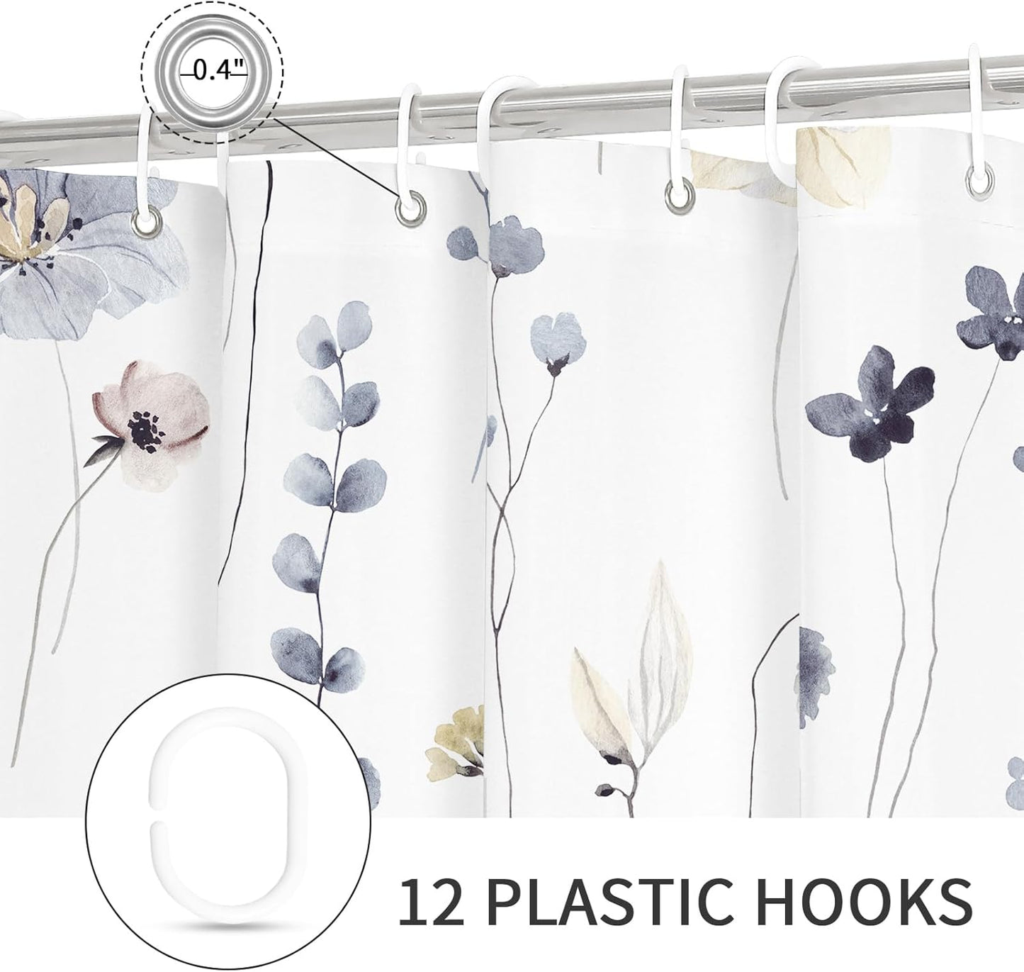 Gibelle Watercolor Floral Shower Curtain, Grey Beige Flower Shower Curtain for Bathroom, Modern Minimalist White Waterproof Fabric with Hooks 72x72 Inch