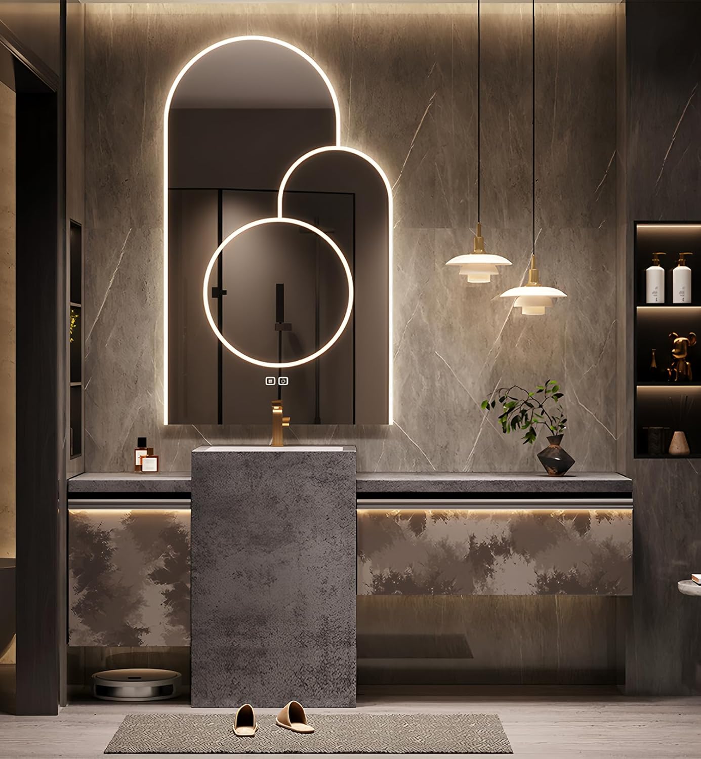 Single Sink Freestanding Bath Vanity, Modern Bath Vanity with LED Smart Mirror, 64IN Solid Wood Floating Bathroom Sink Cabinet with Marble Slate Top and Large Storage Drawer