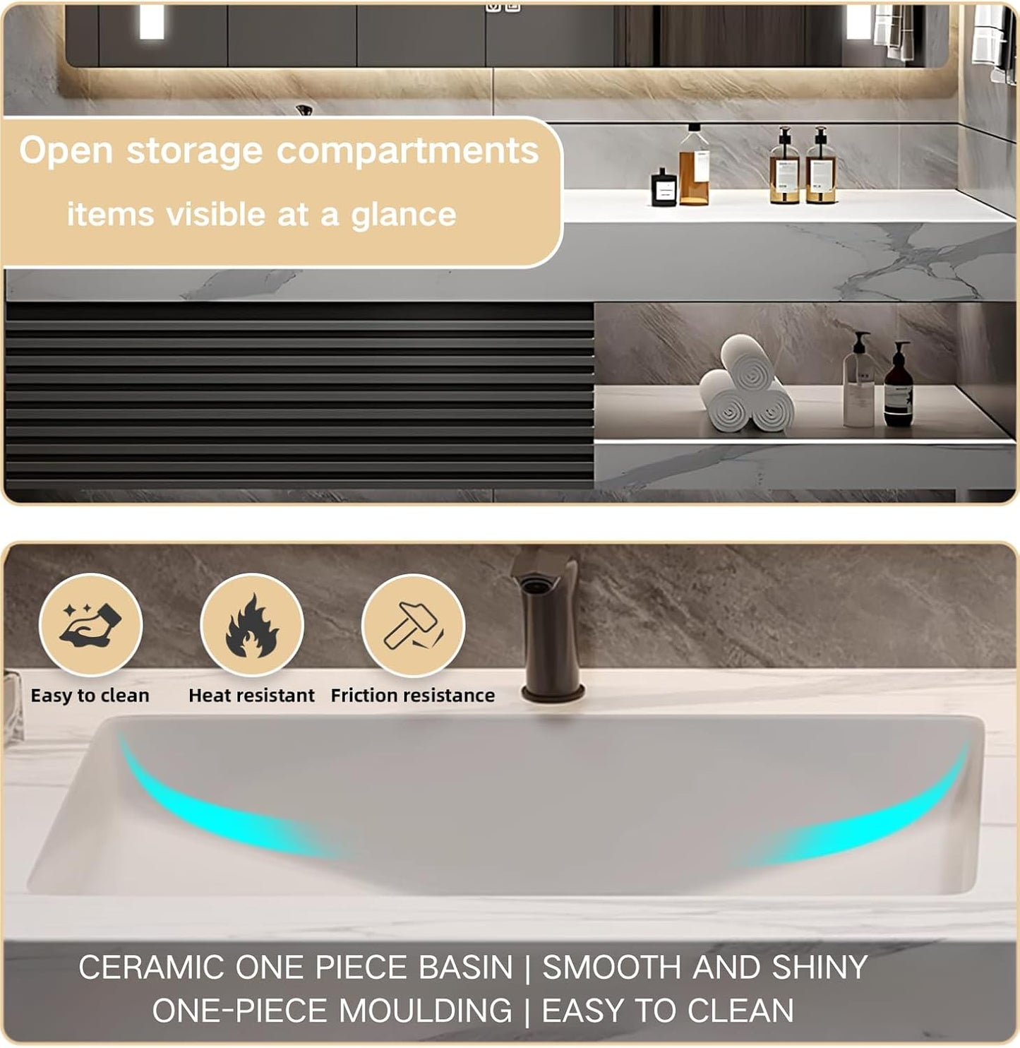Bathroom Vanity 48 inch, Single Sink Floating Vanity Set Includes Anti-Fog LED Mirror Cabinet, Slate Countertop and Wall-Mount Sink Cabinet, Modern Bathroom Vanities(Greyish Black)