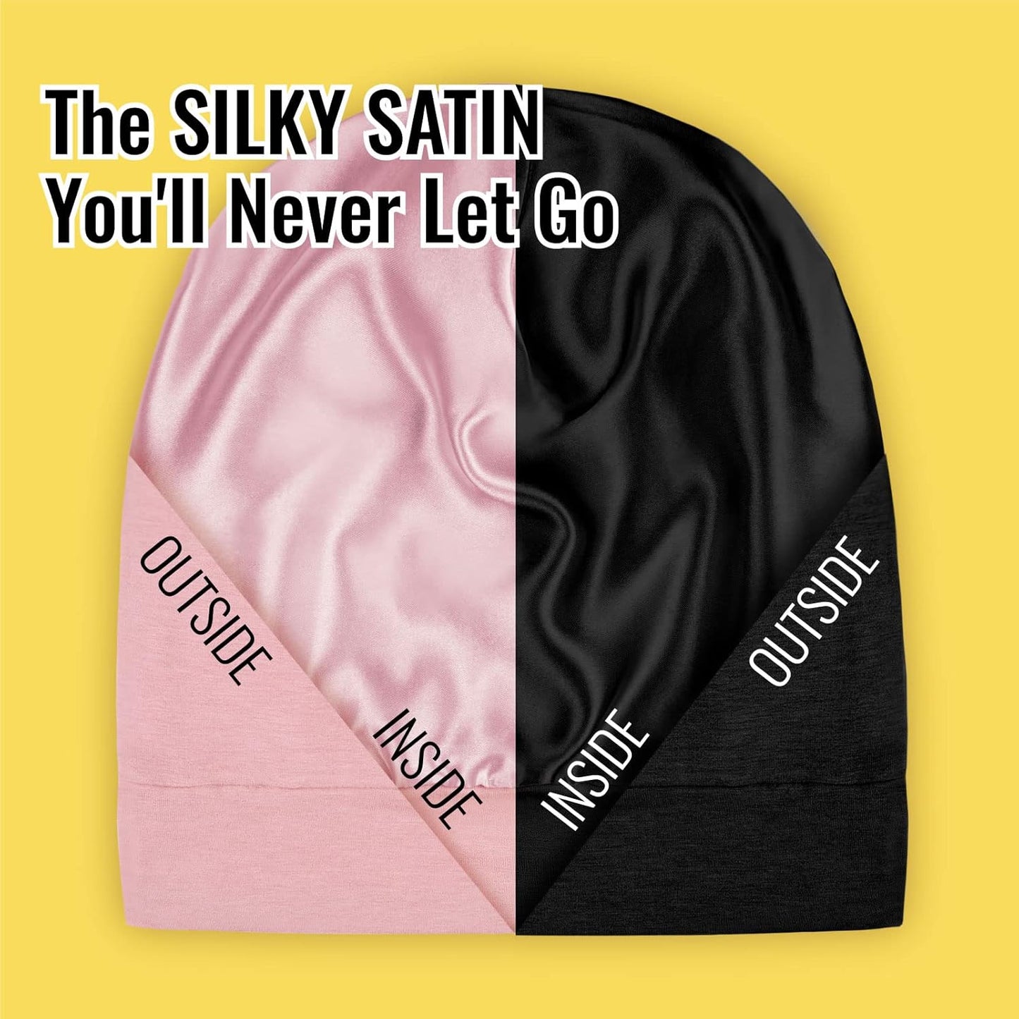 Satin Lined Sleep Cap Bonnet for Curly Hair and Braids, Stay On All Night Hair Wrap with Adjustable Strap for Women and Men, Black and Pink, Pack of 2