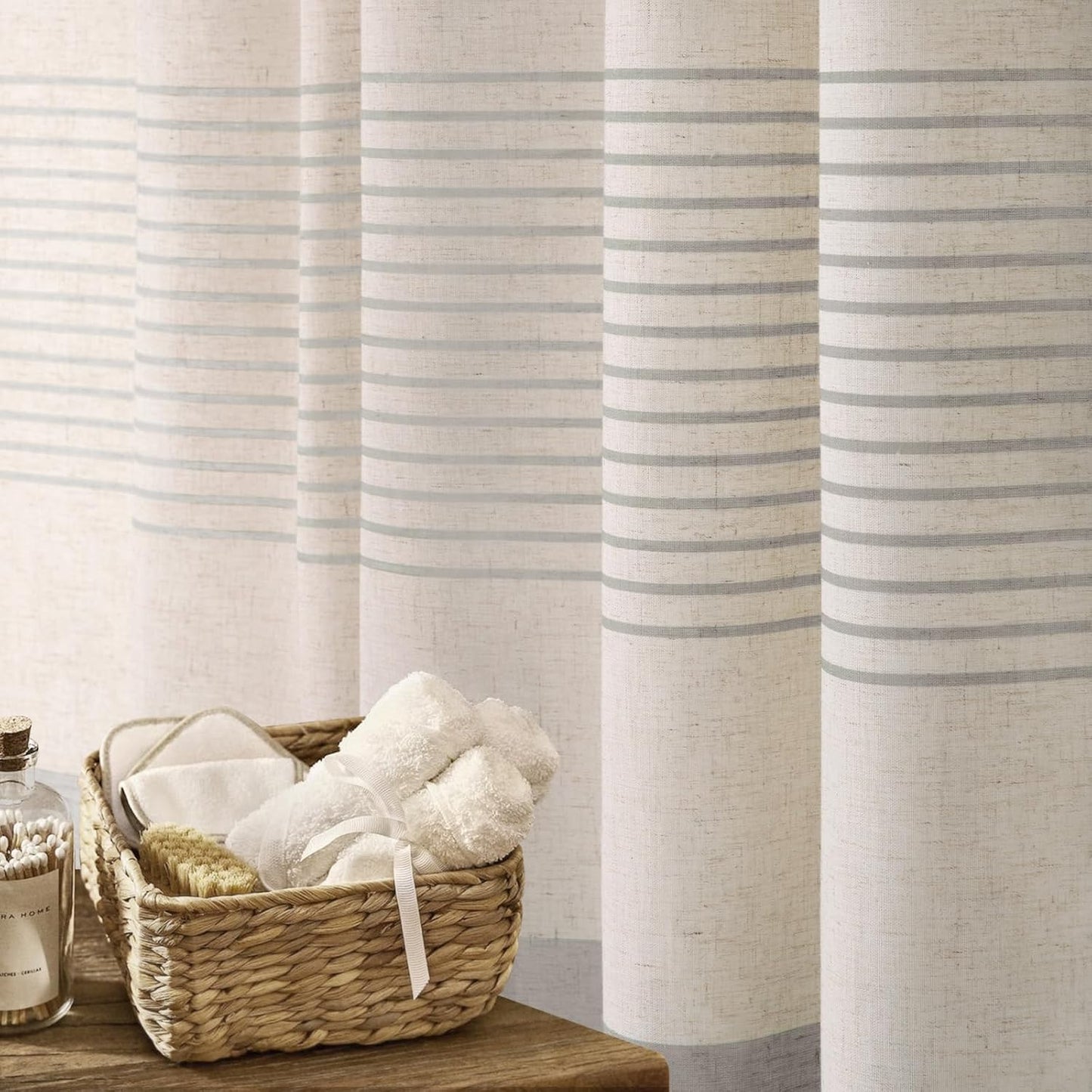 Awellife Farmhouse Shower Curtains for Bathroom,Grey Flax Texture Striped Shower Curtain with Tassels Boho Rustic Neutral 72x72