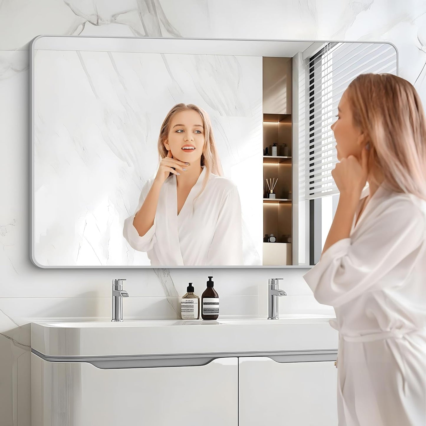 48x30 Inch Silver Bathroom Mirror, Metal Framed Silver Rectangle Mirrors, Rounded Rectangular Vanity Mirror, Wall Mounted Mirrors for Living Room Bedroom Entryway Hangs Horizontal or Vertical