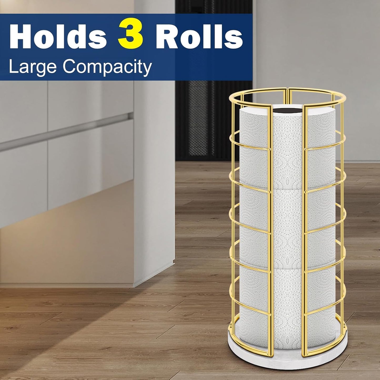 NearMoon Toilet Paper Organizer Stand, Free Standing 3 Rolls Tissue Storage, Metal Bathroom Accessory, Rustproof Toilet Roll Holder for Kitchen Countertop Inside Cabinet Shelf(Marble Base,Gold)