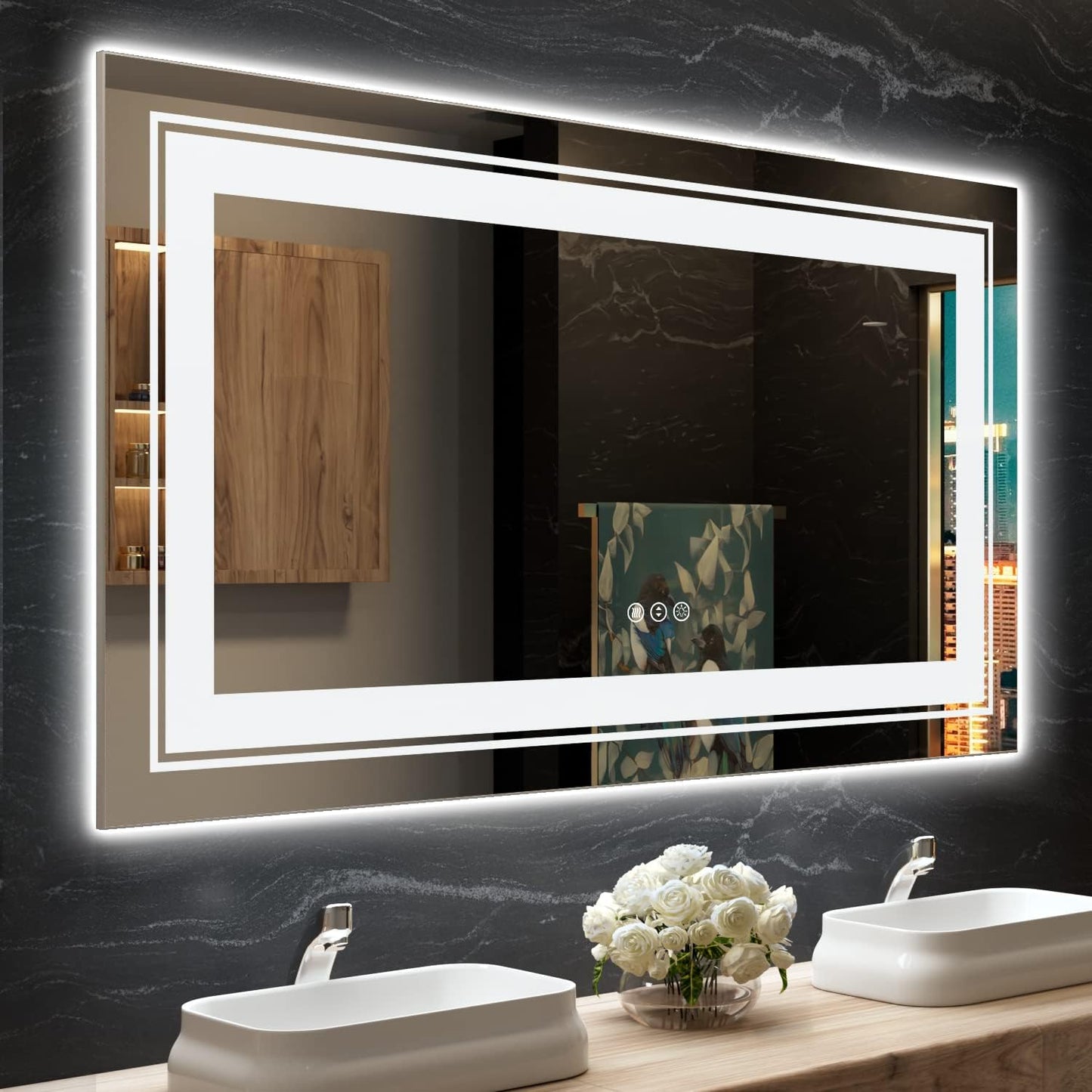 LED Bathroom Mirror, 55"x30" with Front and Backlit, Anti-Fog, Large Bathroom Vanity Mirror for Wall, Memory Function, Stepless Dimmable, Tempered Glass (Horizontal/Vertical)