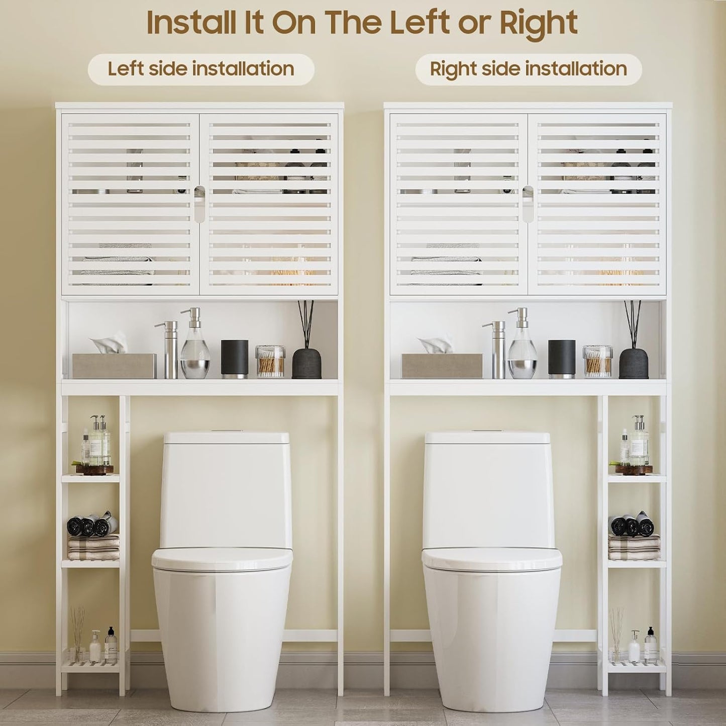 Over The Toilet Storage Cabinet, Bamboo Over Toilet Bathroom Organizer Cabinet with 2 Doors, Freestanding Home Space Save Toilet Rack for Restroom, Bathroom, Laundry, White