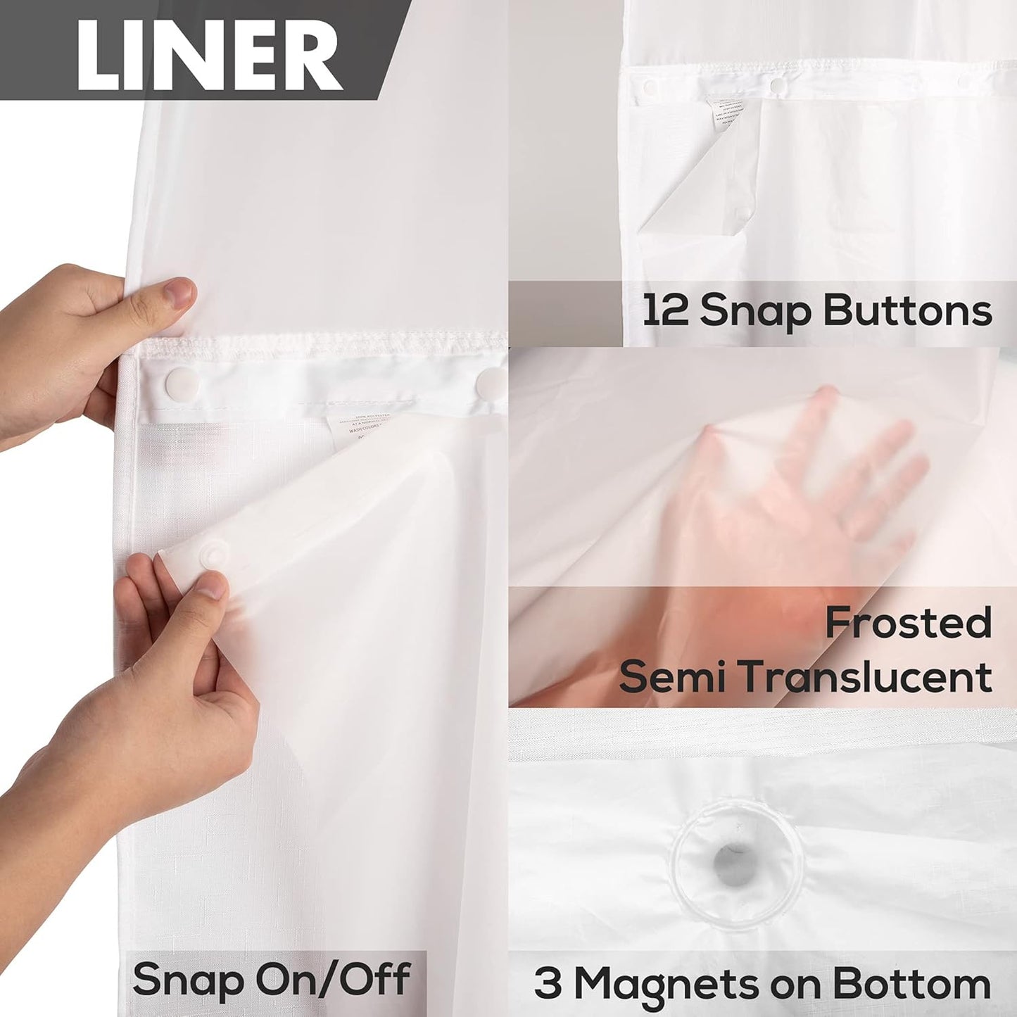 River Dream Extra Long No Hook Slub Textured Shower Curtain with Snap-in PEVA Liner Set - 71" x 98"(96"), Hotel Style with See Through Top Window, Fabric Curtain & Waterproof Liner, White, 71x98